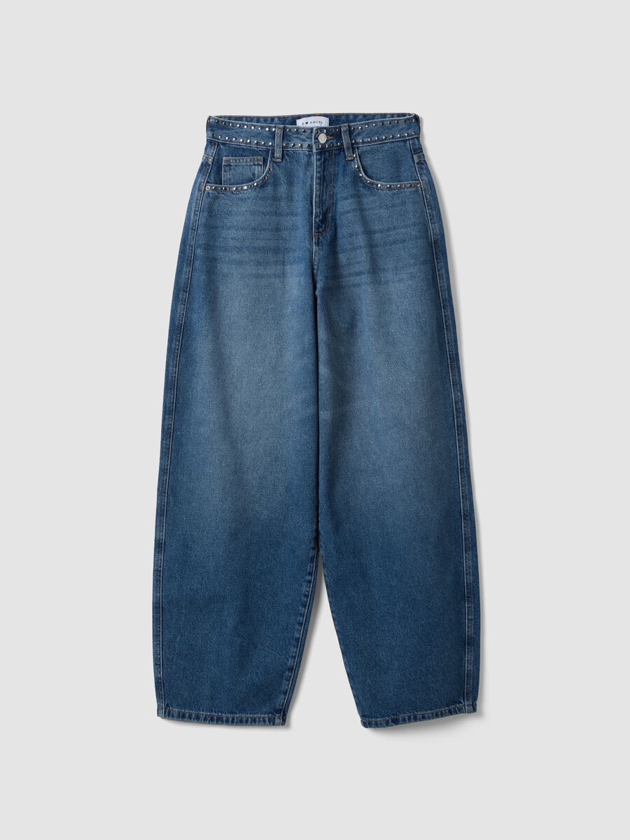 Jeans blu in puro cotone skater fit con strass_0