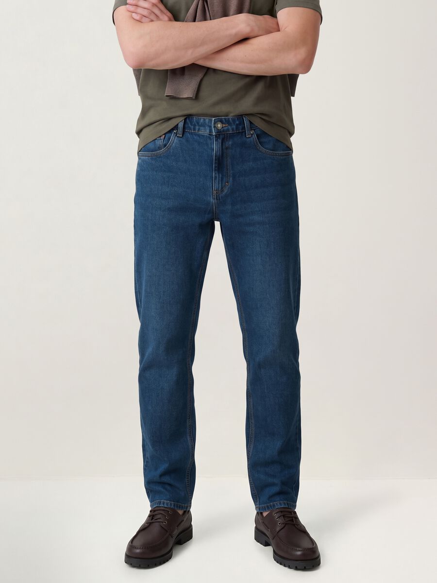 Jeans denim blu in misto cotone e viscosa regular fit_1