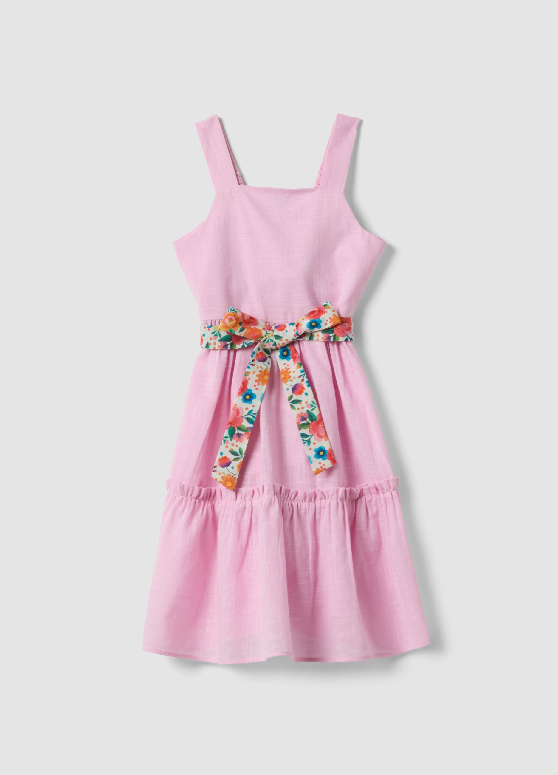 Girls' regular fit pink pure cotton dress with floral belt