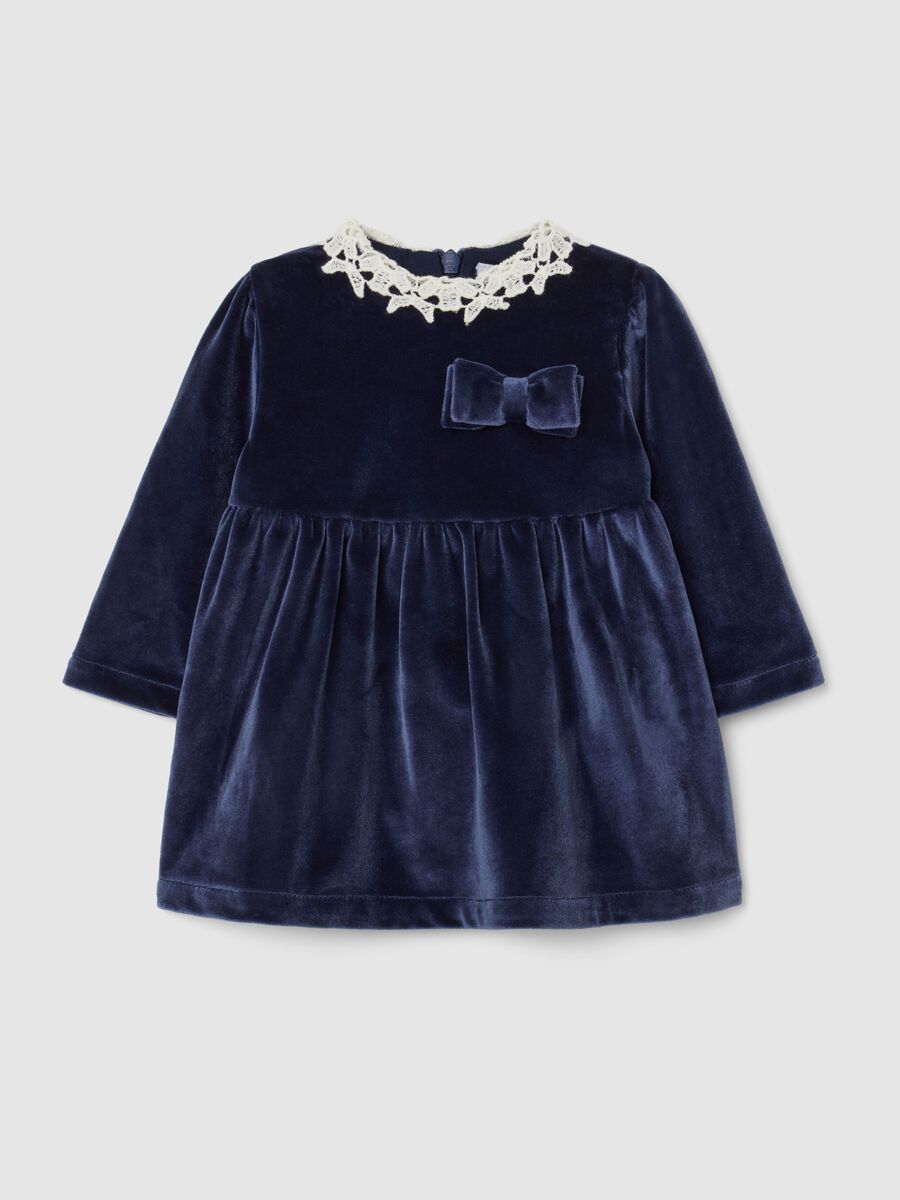 Blue velour regular fit baby dress with lace details_0