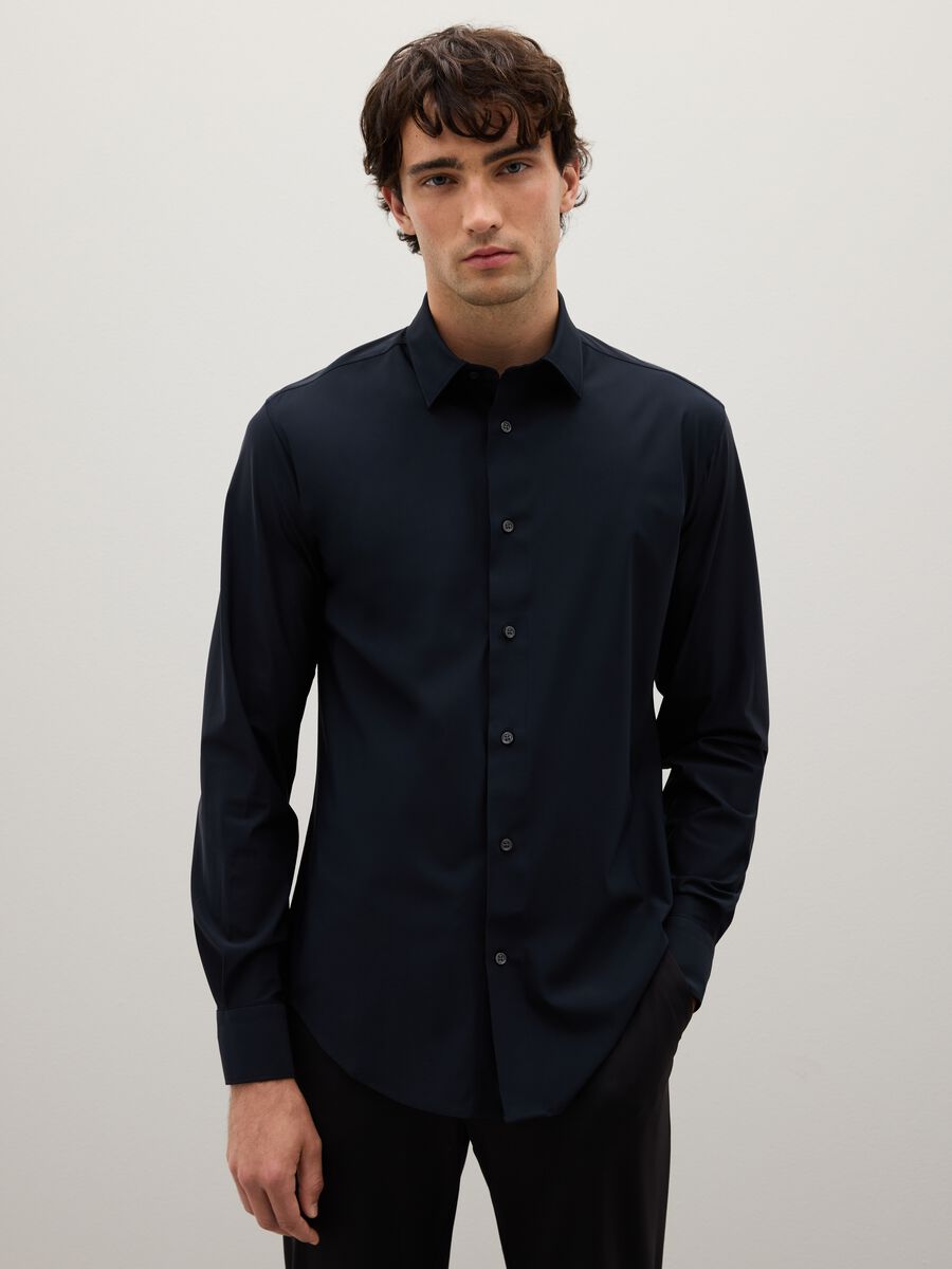 Camicia in tessuto elasticizzato nero slim fit_0