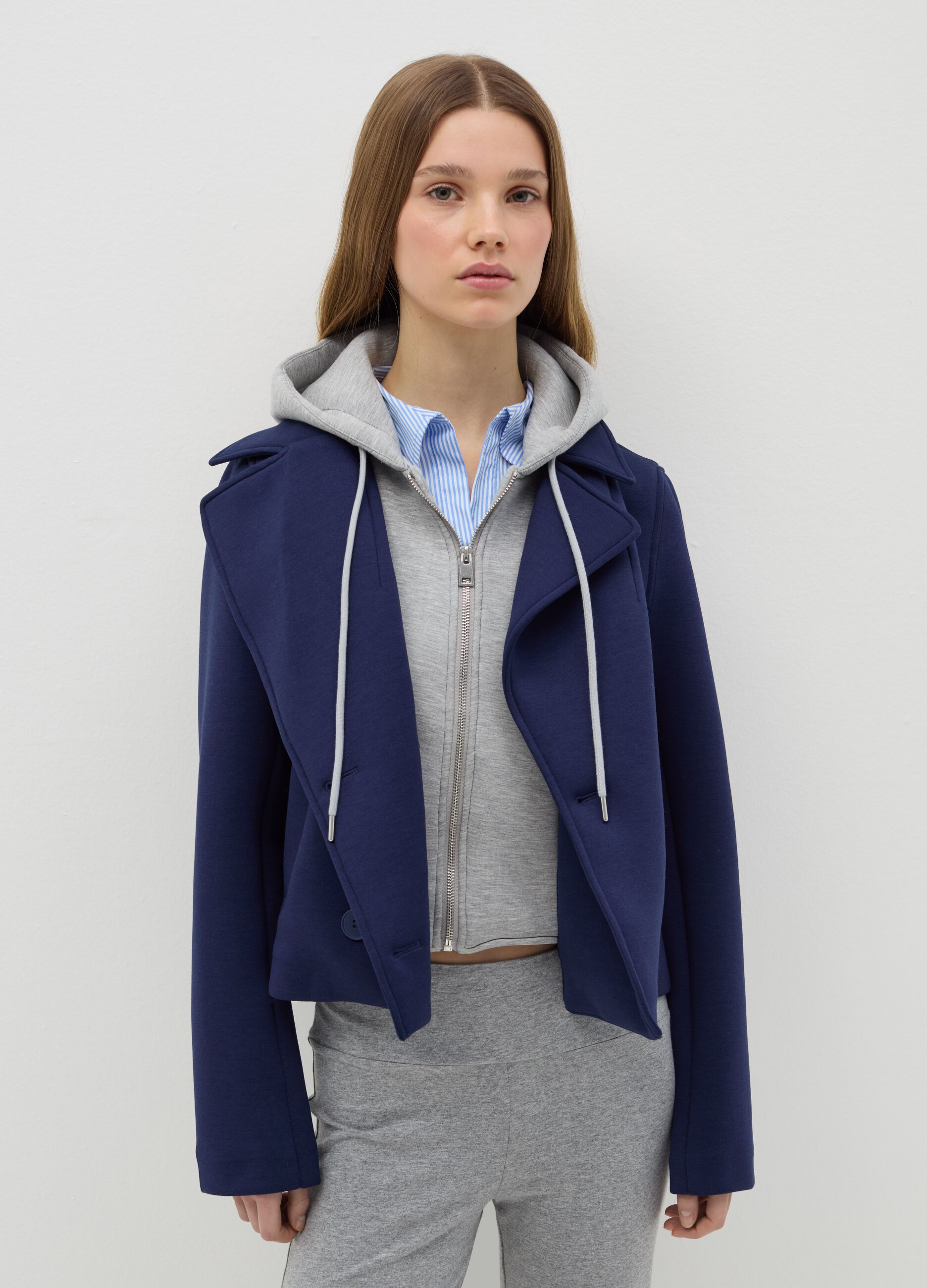 Short blue double-breasted peacoat jacket