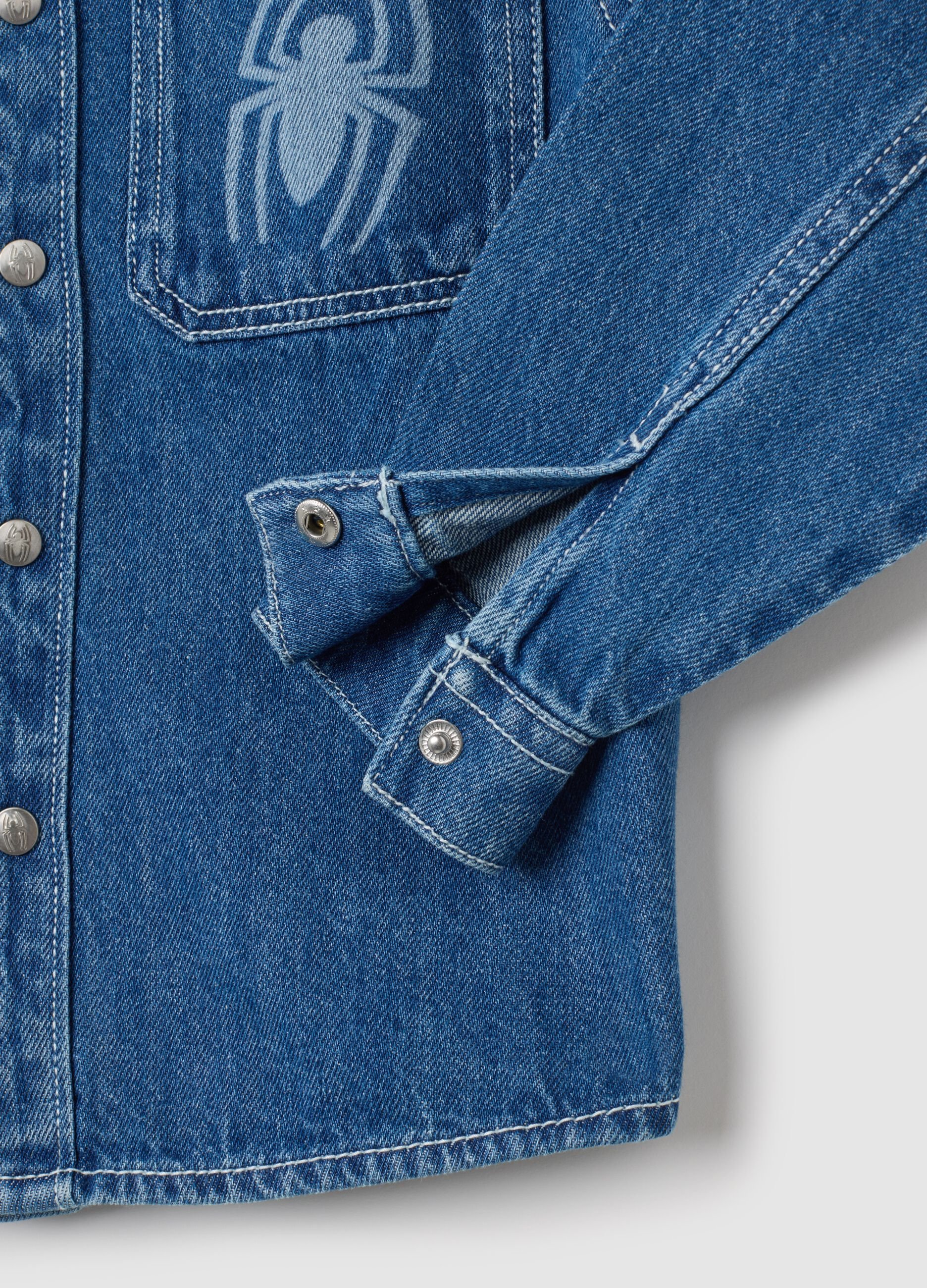 Blue denim regular fit kids' shirt with Spiderman print