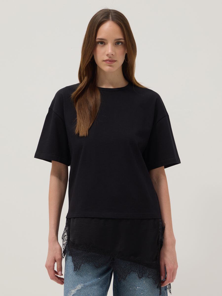 Black pure cotton T-shirt with lace insert, relaxed fit_1