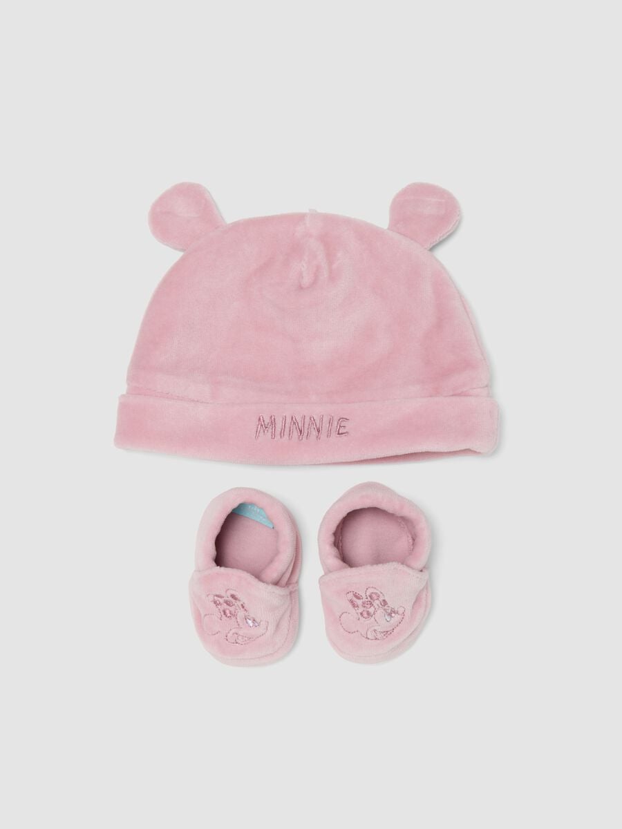 Set rosa con cappellino e scarpine baby e ricamo Minnie per neonata_0