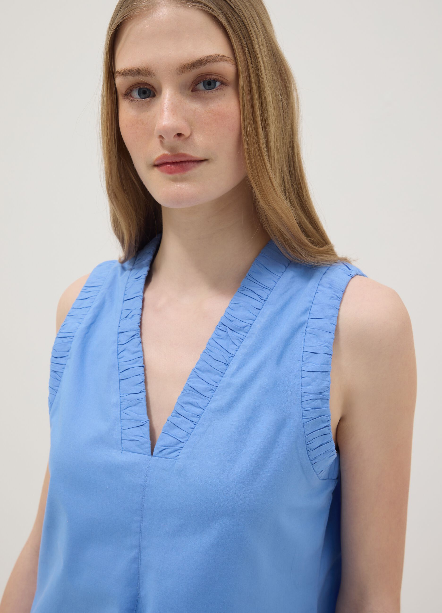 Light Blue Pure Cotton Regular Mini Dress with Ruched V-Neck