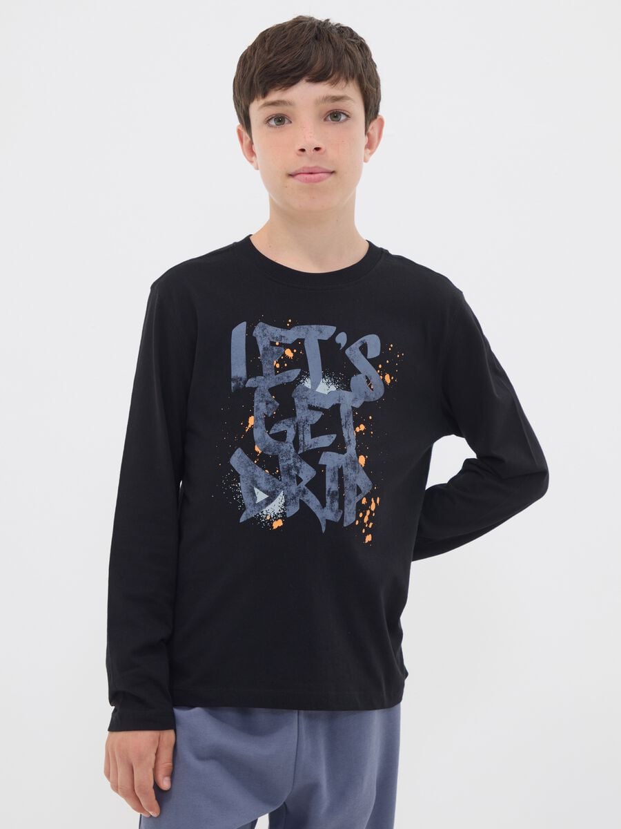 Black organic cotton T-shirt with "Let's get drip" slogan for boys_1