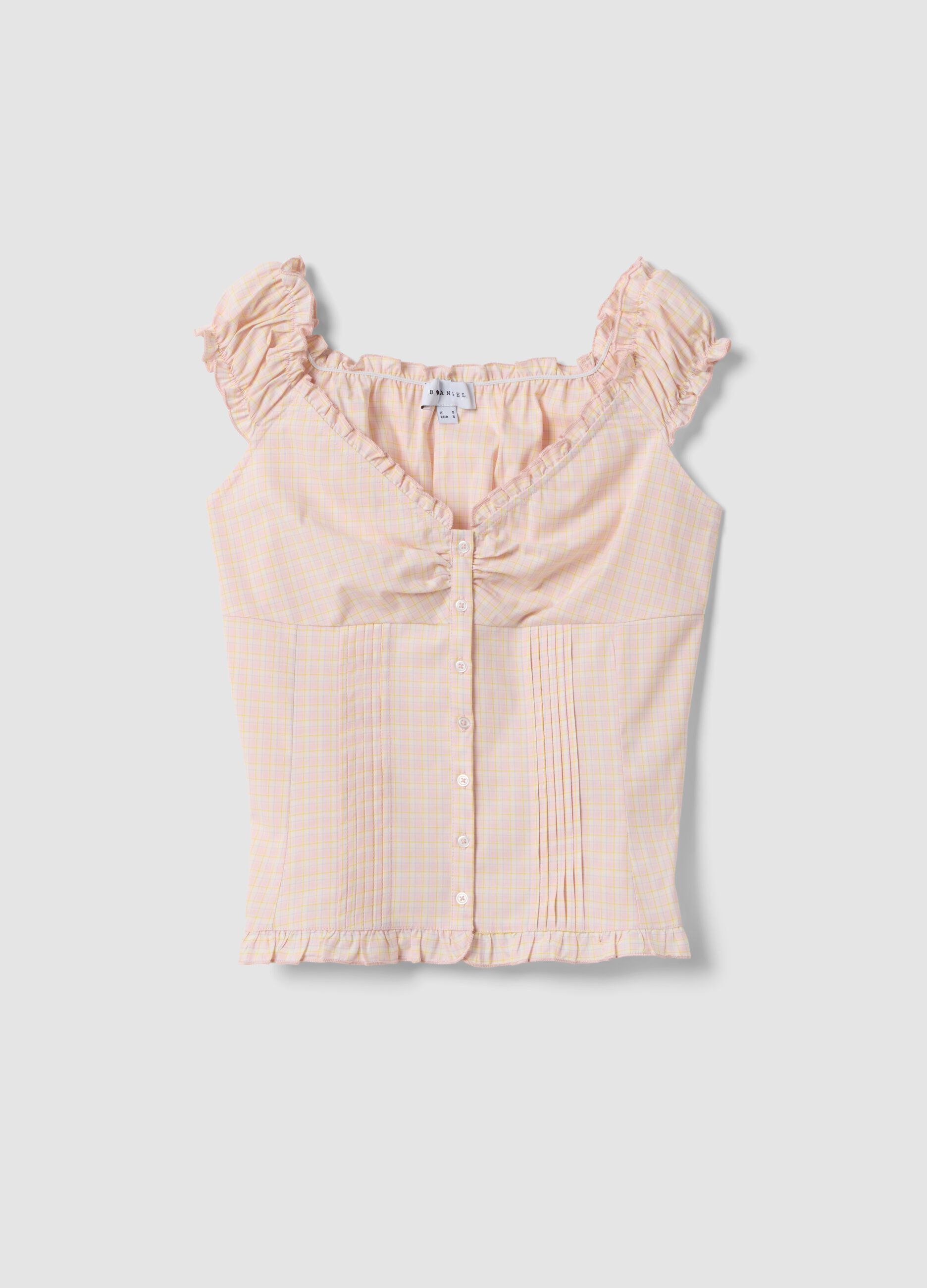 Pink organic cotton blouse with buttons and ruffles