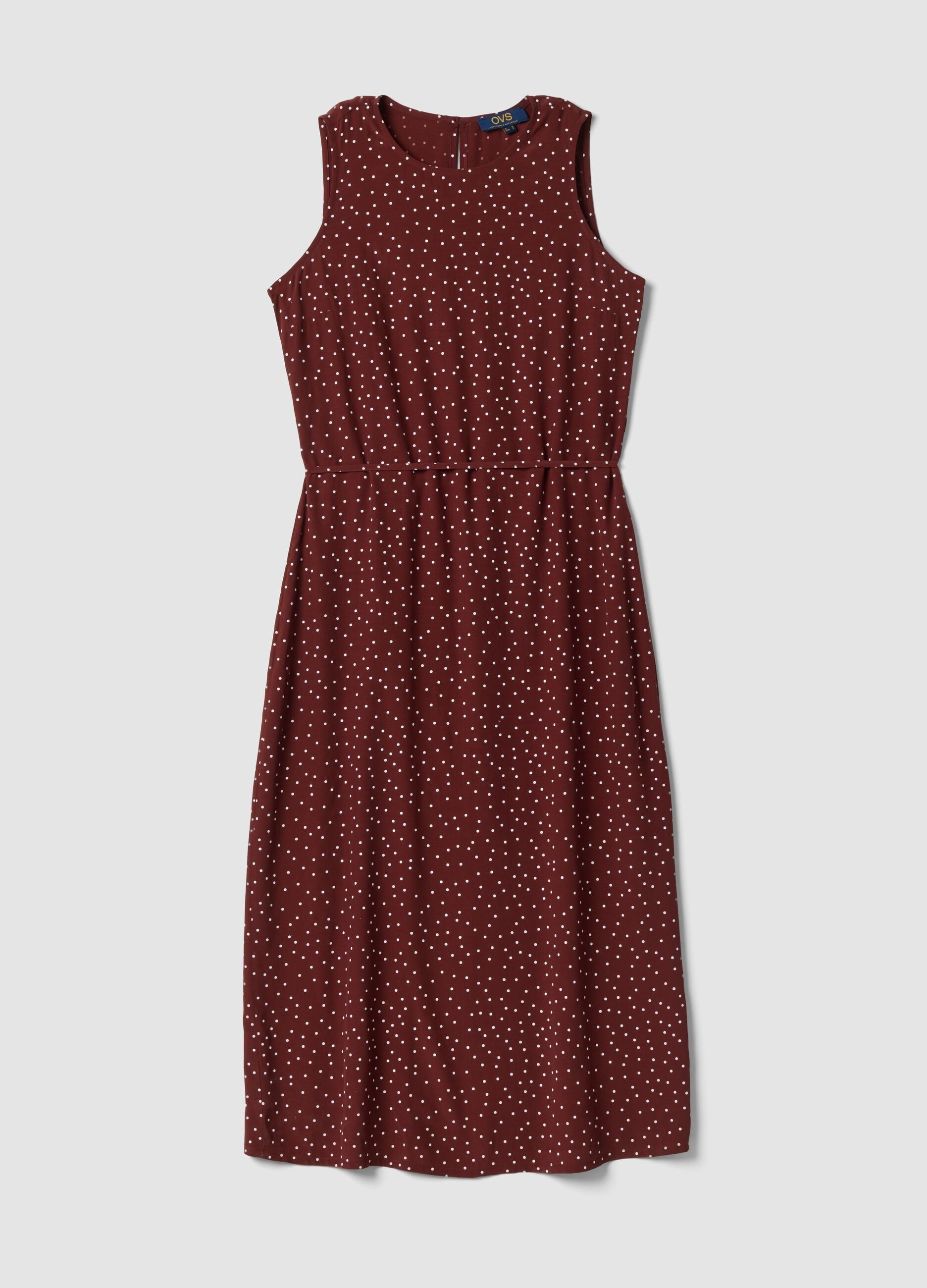 Red polka-dot pure viscose midi dress