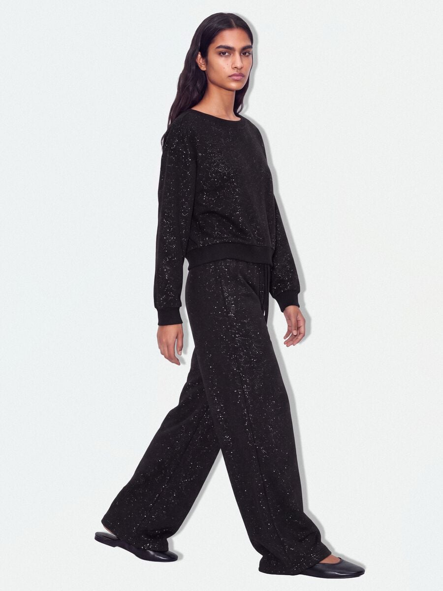 Black cotton-blend sweatshirt with bateau neckline and glitter_1