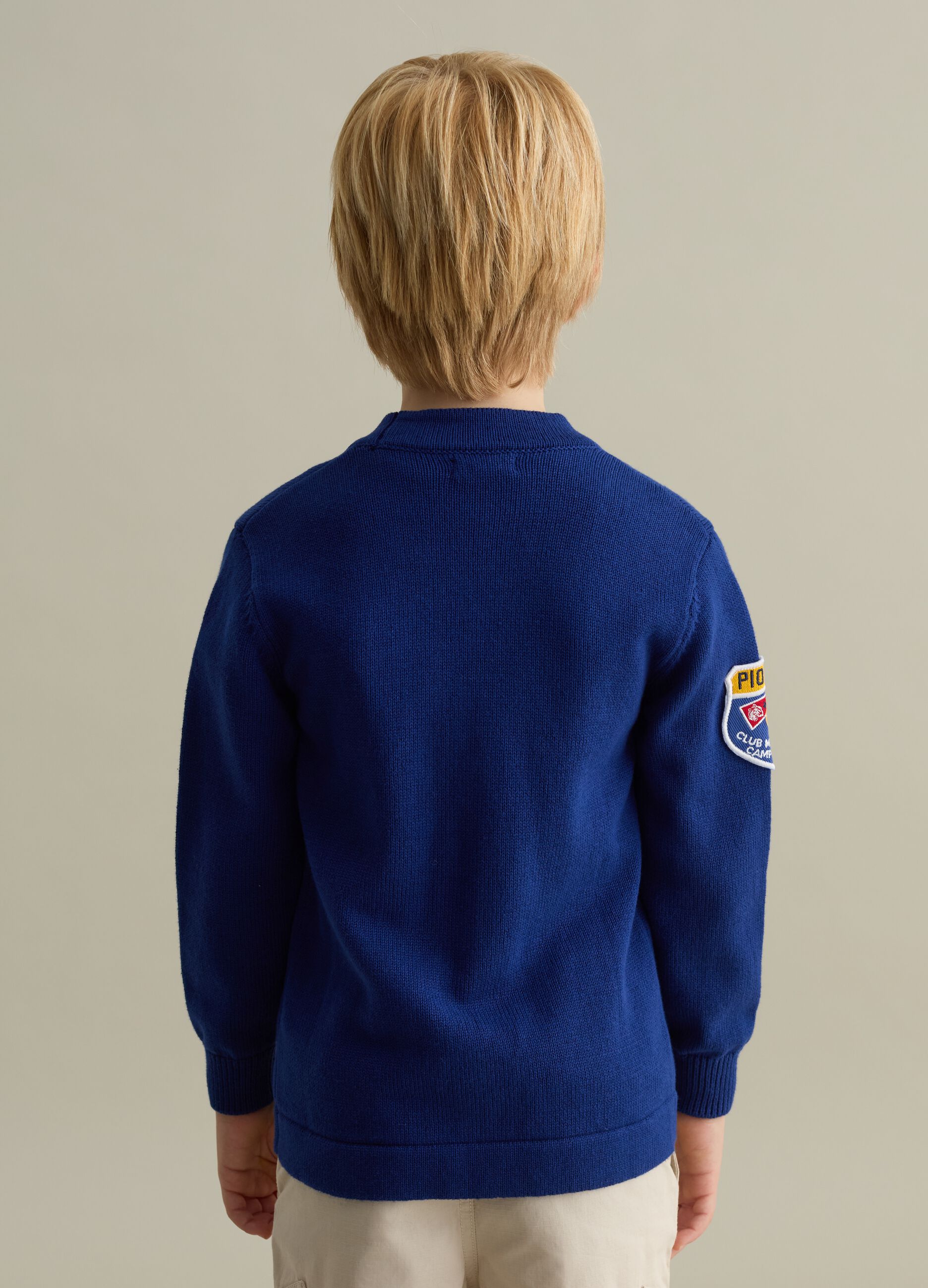 Cotton cardigan with V neck and logo patch