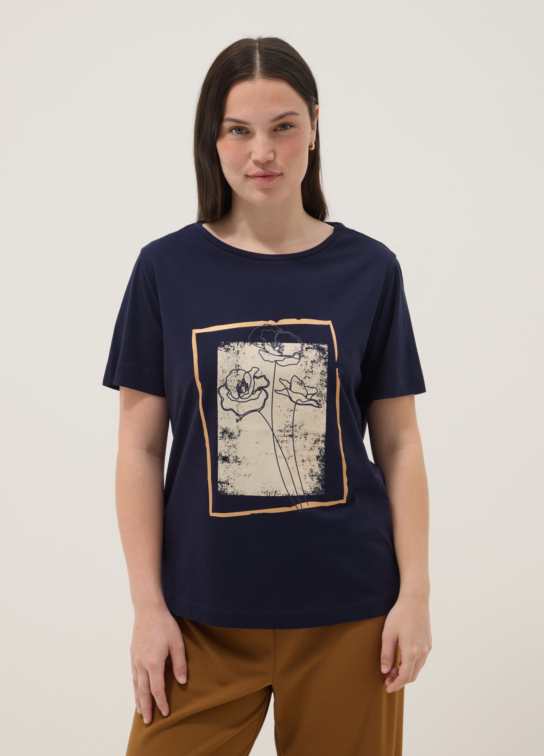 Blue short-sleeve pure cotton printed T-shirt, regular fit