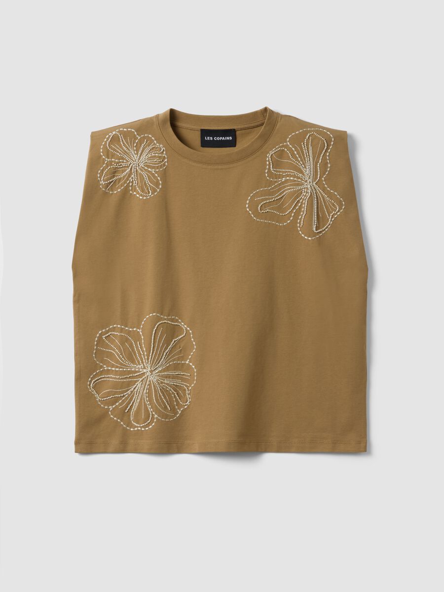 Brown cotton blend sleeveless T-shirt, regular fit with embroidery_0
