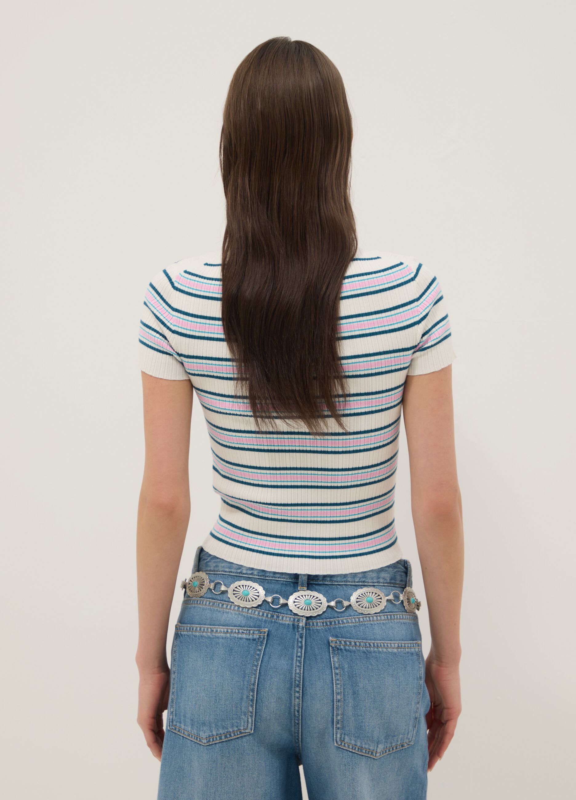 Fitted sweater in viscose blend with multicoloured stripes and polo collar