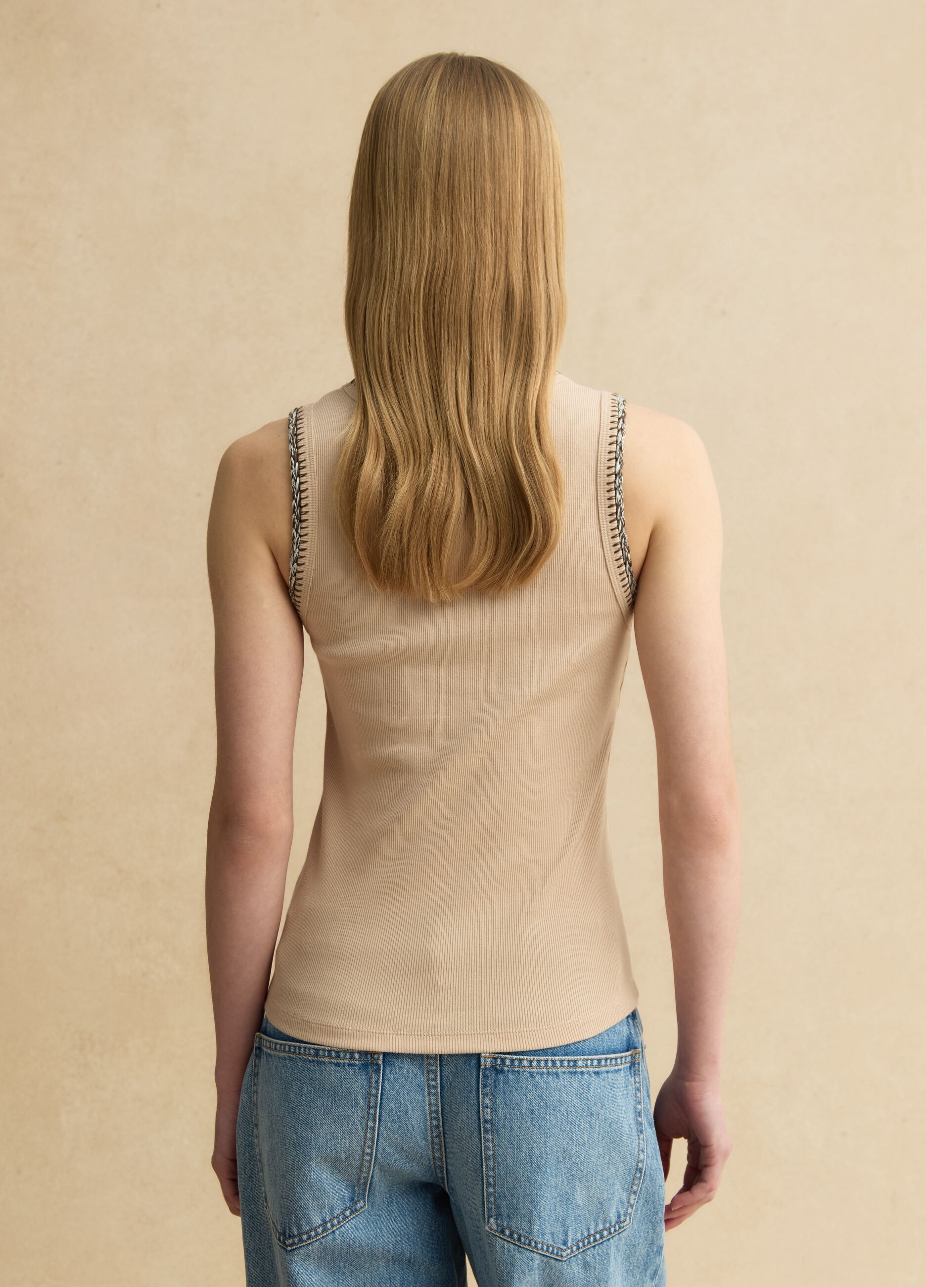 Beige regular fit stretch cotton tank top with embroidered edges