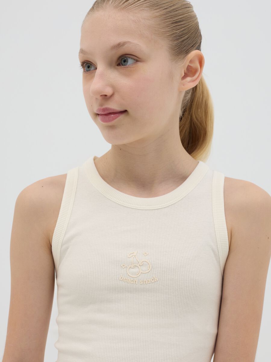 White ribbed stretch cotton tank top with print_1