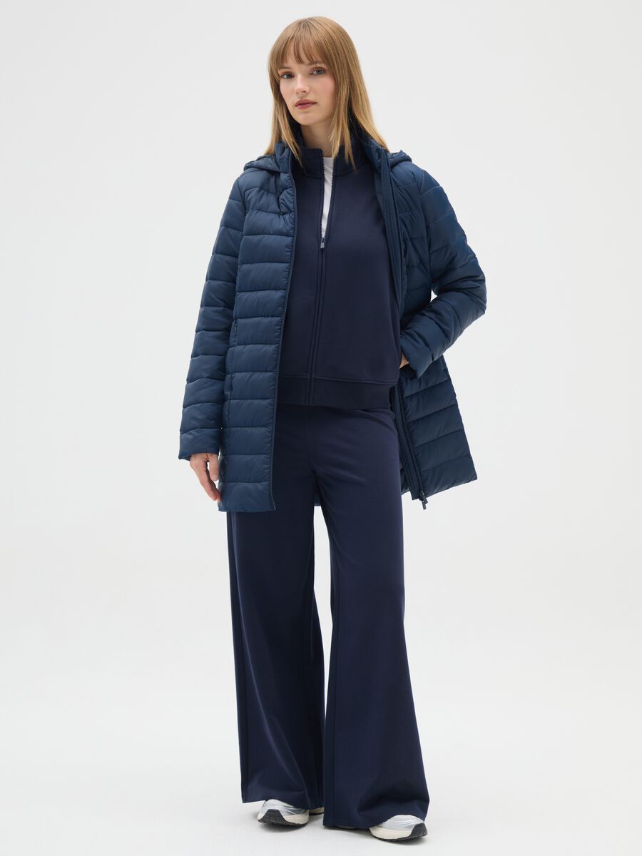 Long padded blue jacket with hood and zip_1