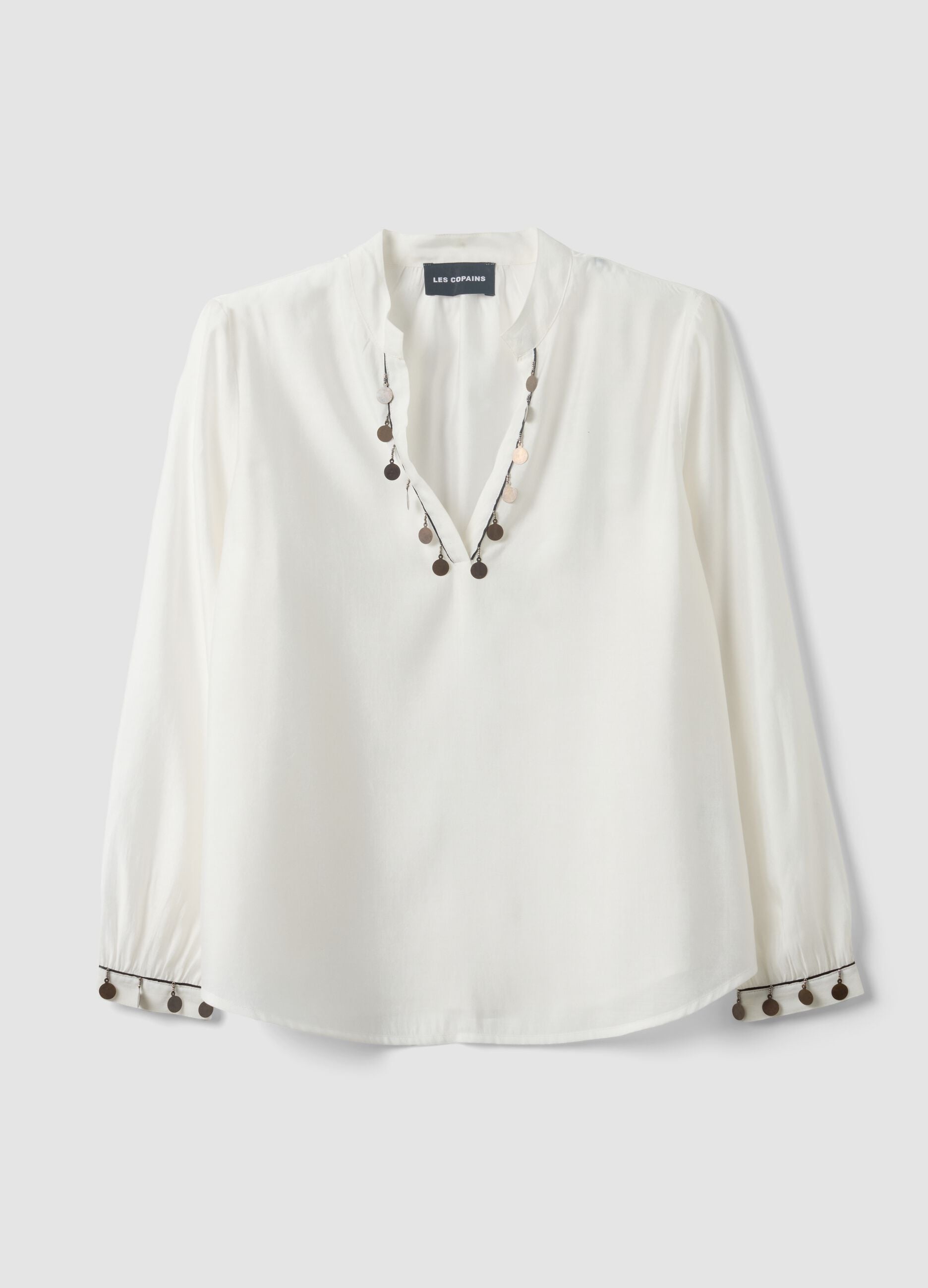 White viscose-blend shirt with charms and V-neck regular fit