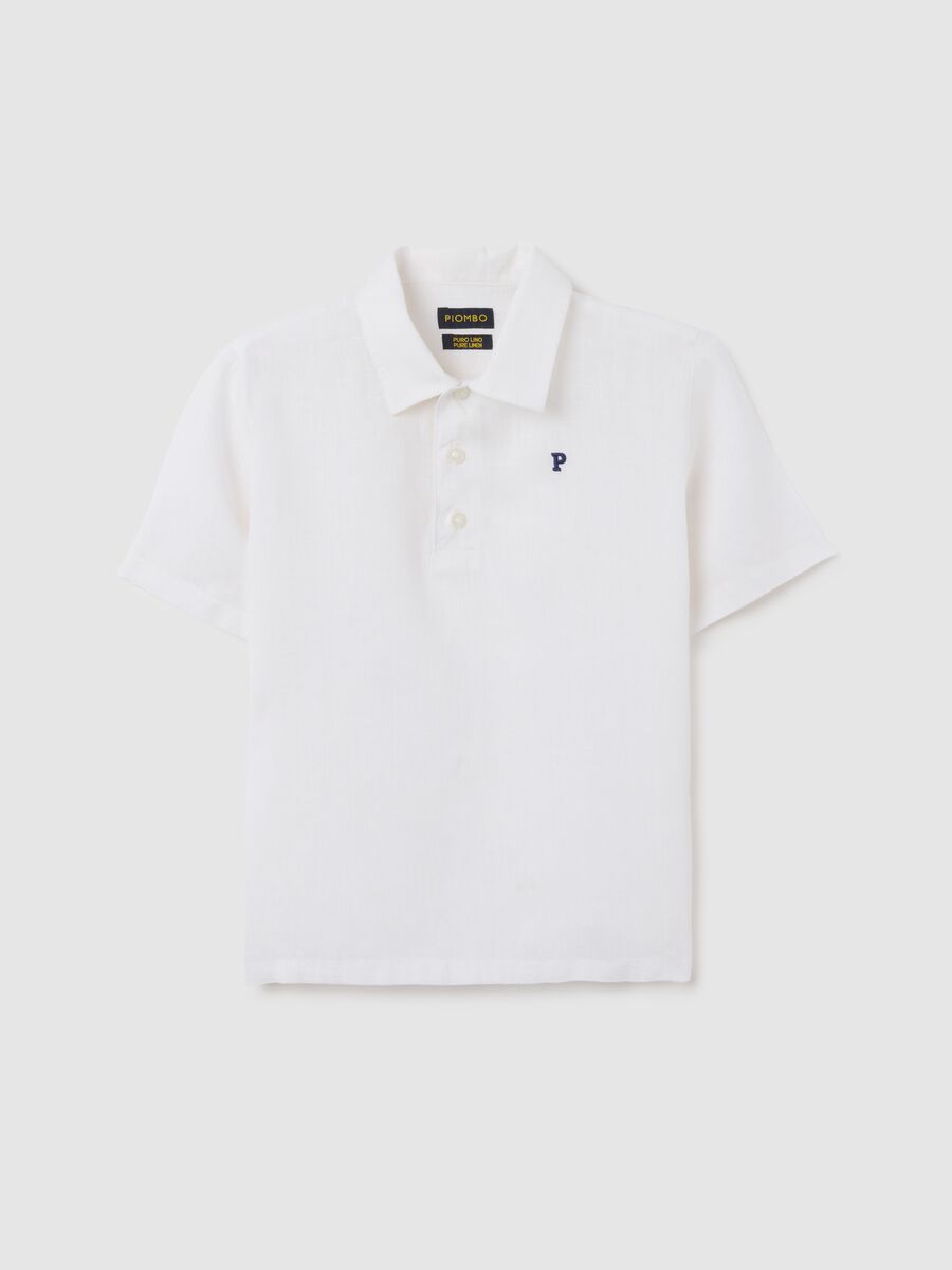 Polo da bambino in lino bianco over fit con bottoni_0