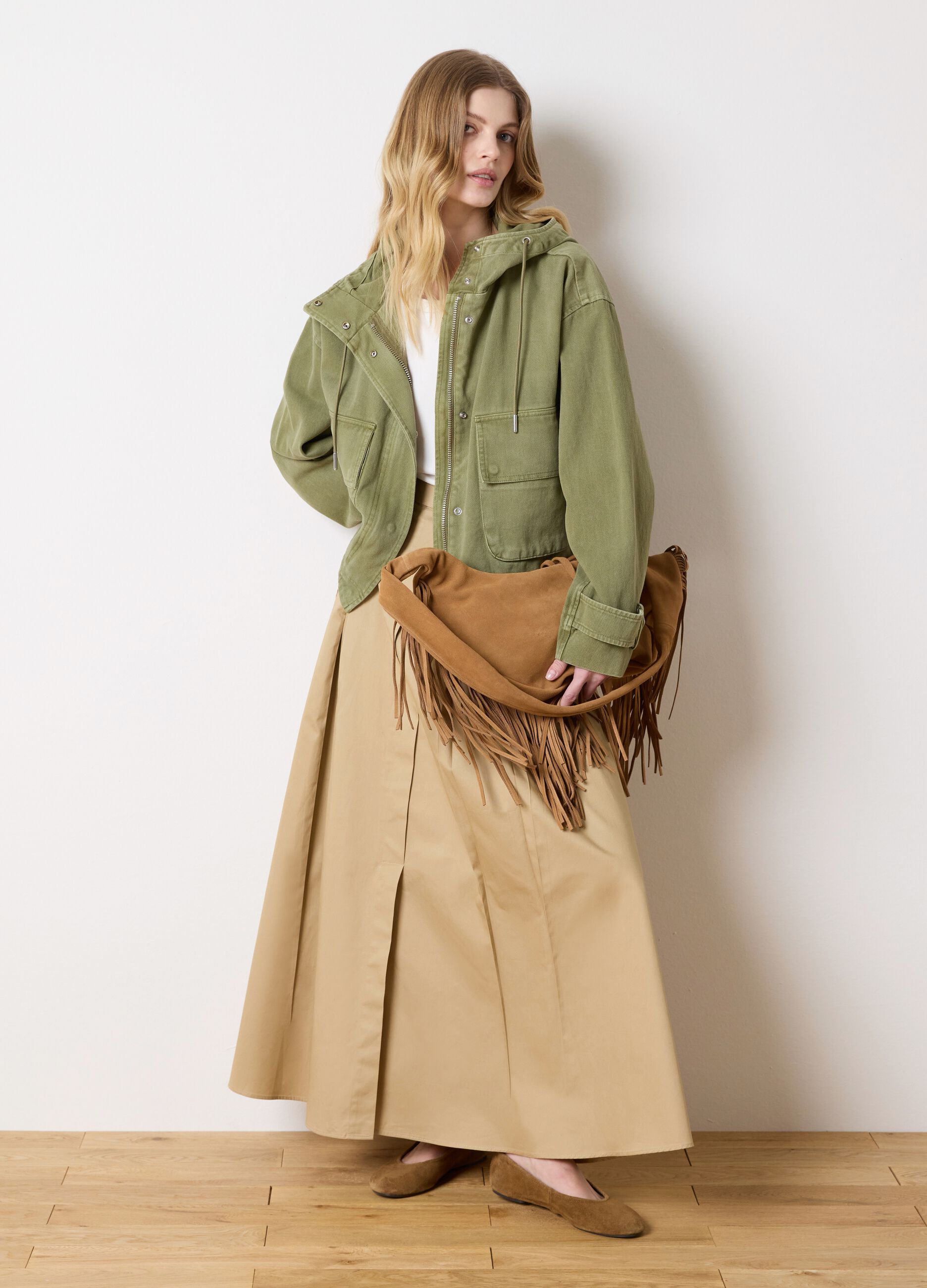 Green shacket in cotton with hood