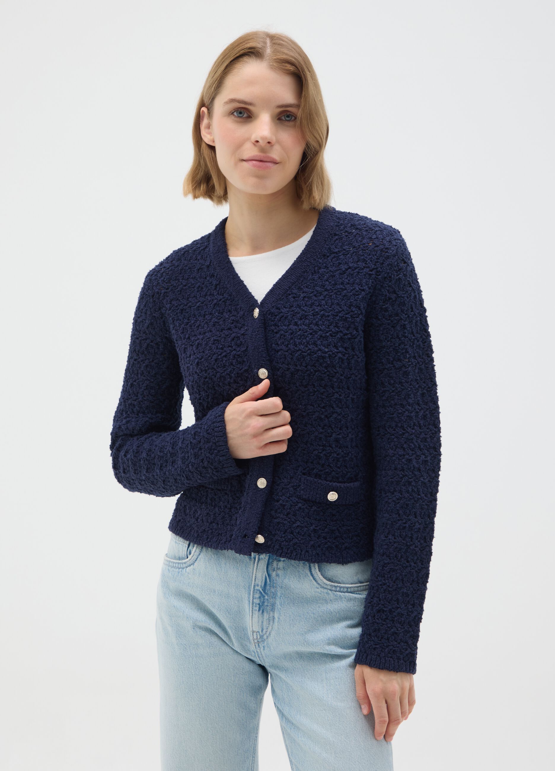 Cardigan blu in maglia strutturata