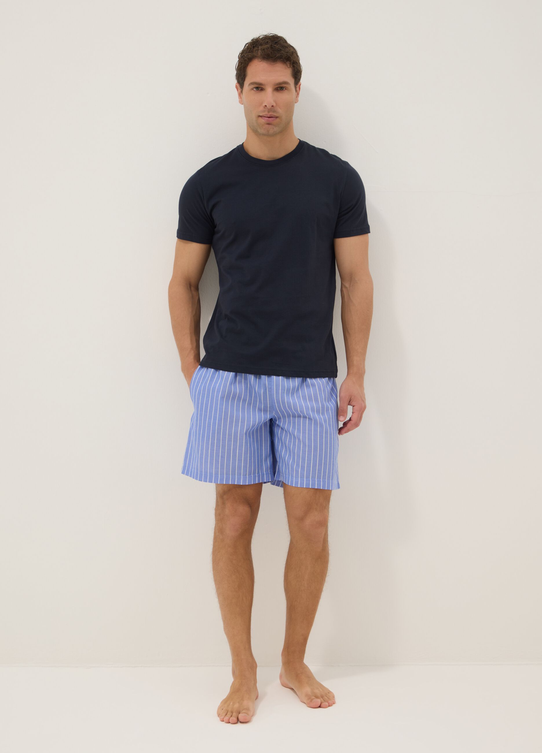 Blue short striped pyjamas in pure organic cotton jersey