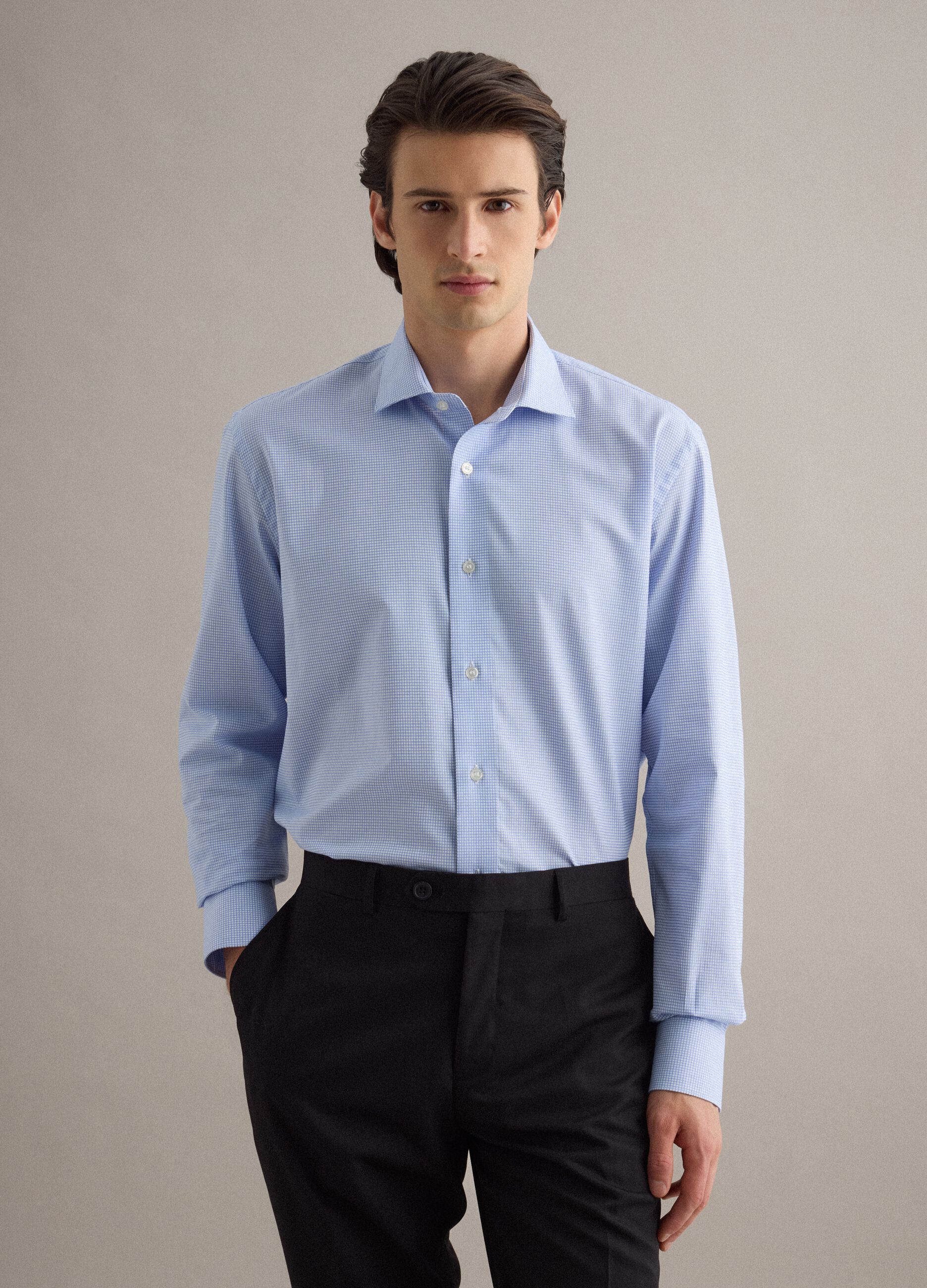 Camicia in puro cotone a quadri bianca e azzurra regular fit easy iron