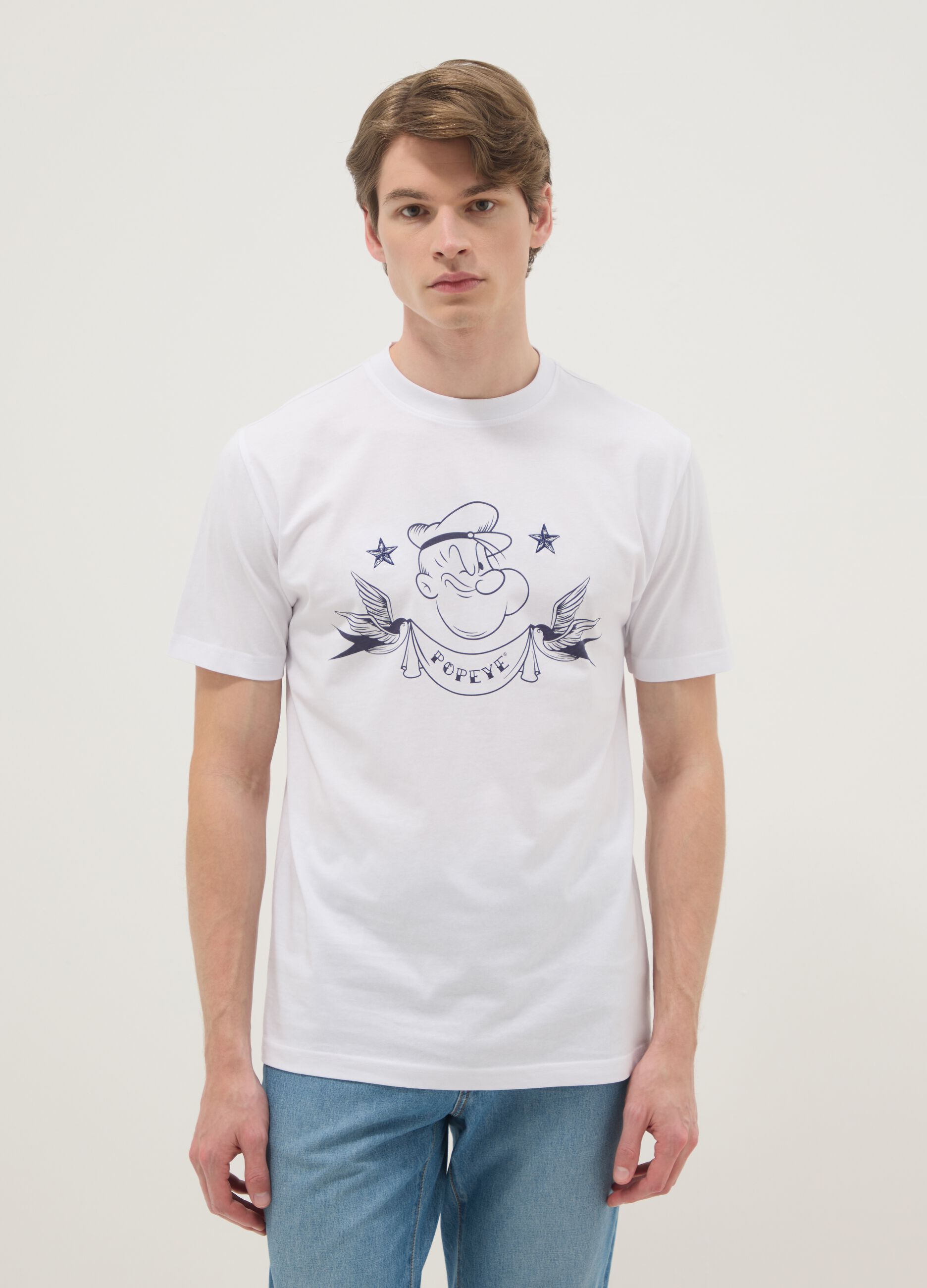 White regular fit pure cotton T-shirt with Popeye print