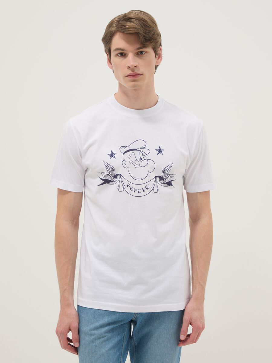 White regular fit pure cotton T-shirt with Popeye print_0