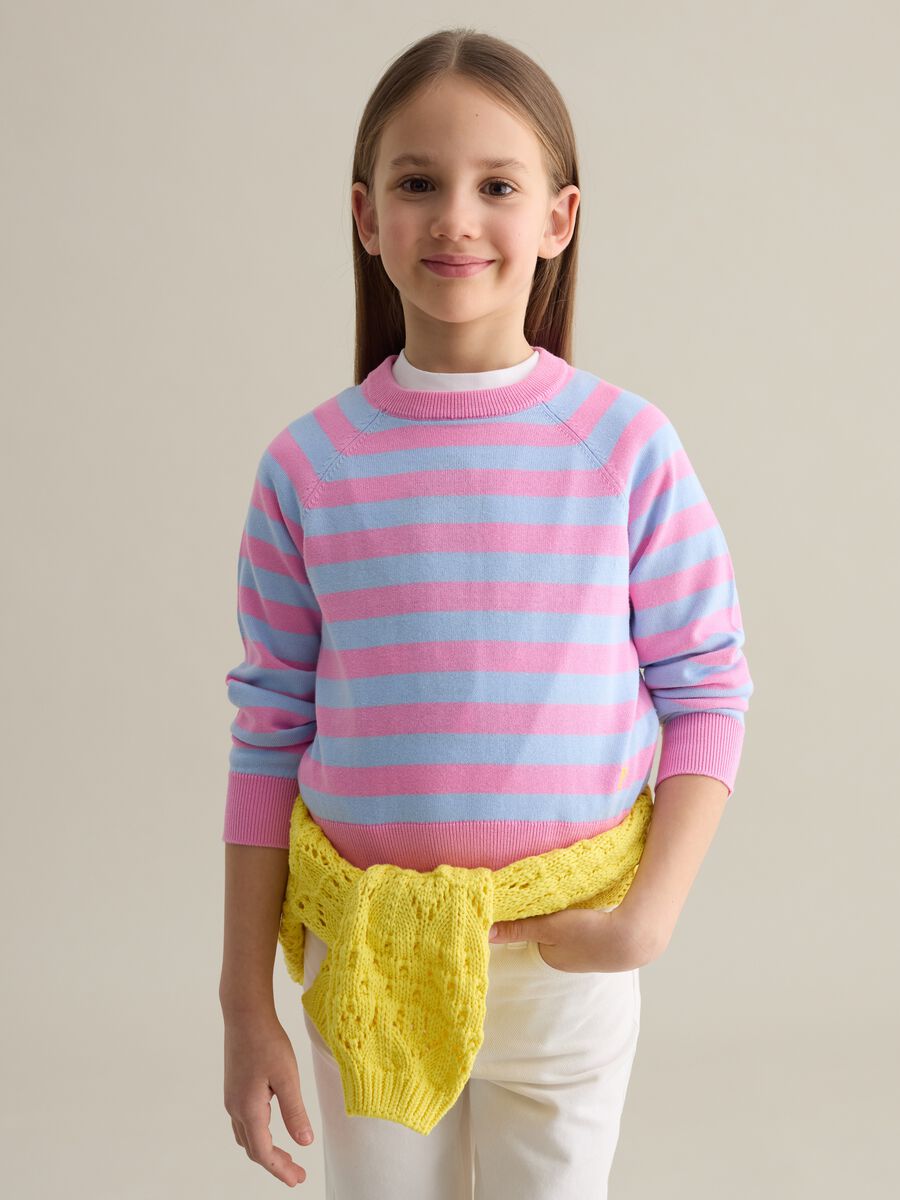 Striped cotton pullover with logo embroidery_0