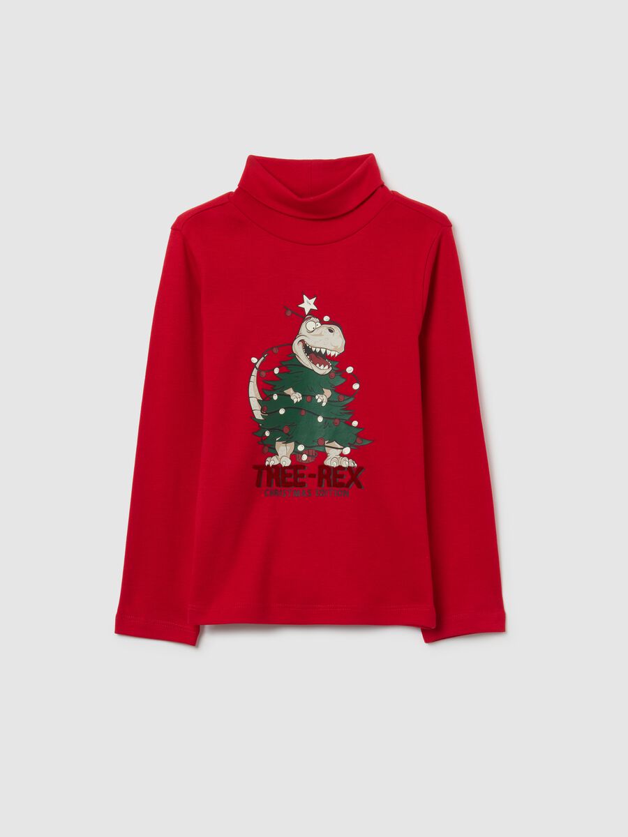 Maglia rossa collo alto da bambino in puro cotone regular fit stampa_0