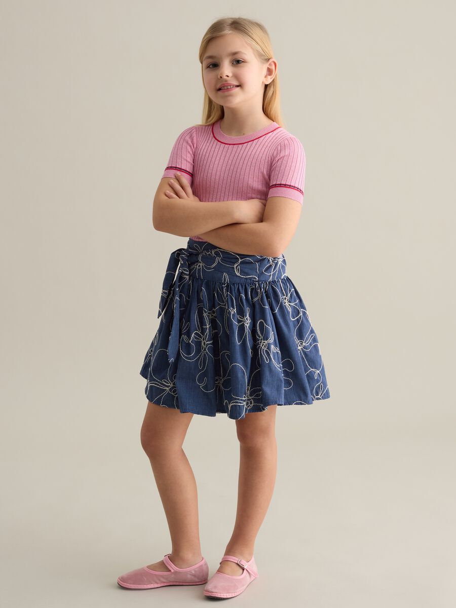 Denim skirt with belt and flowers embroidery_1