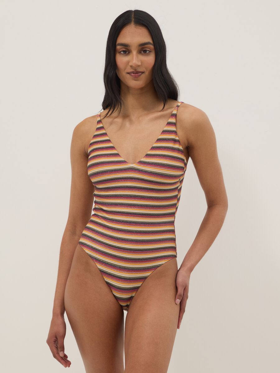 Costume intero in tessuto elasticizzato a righe multicolor_0