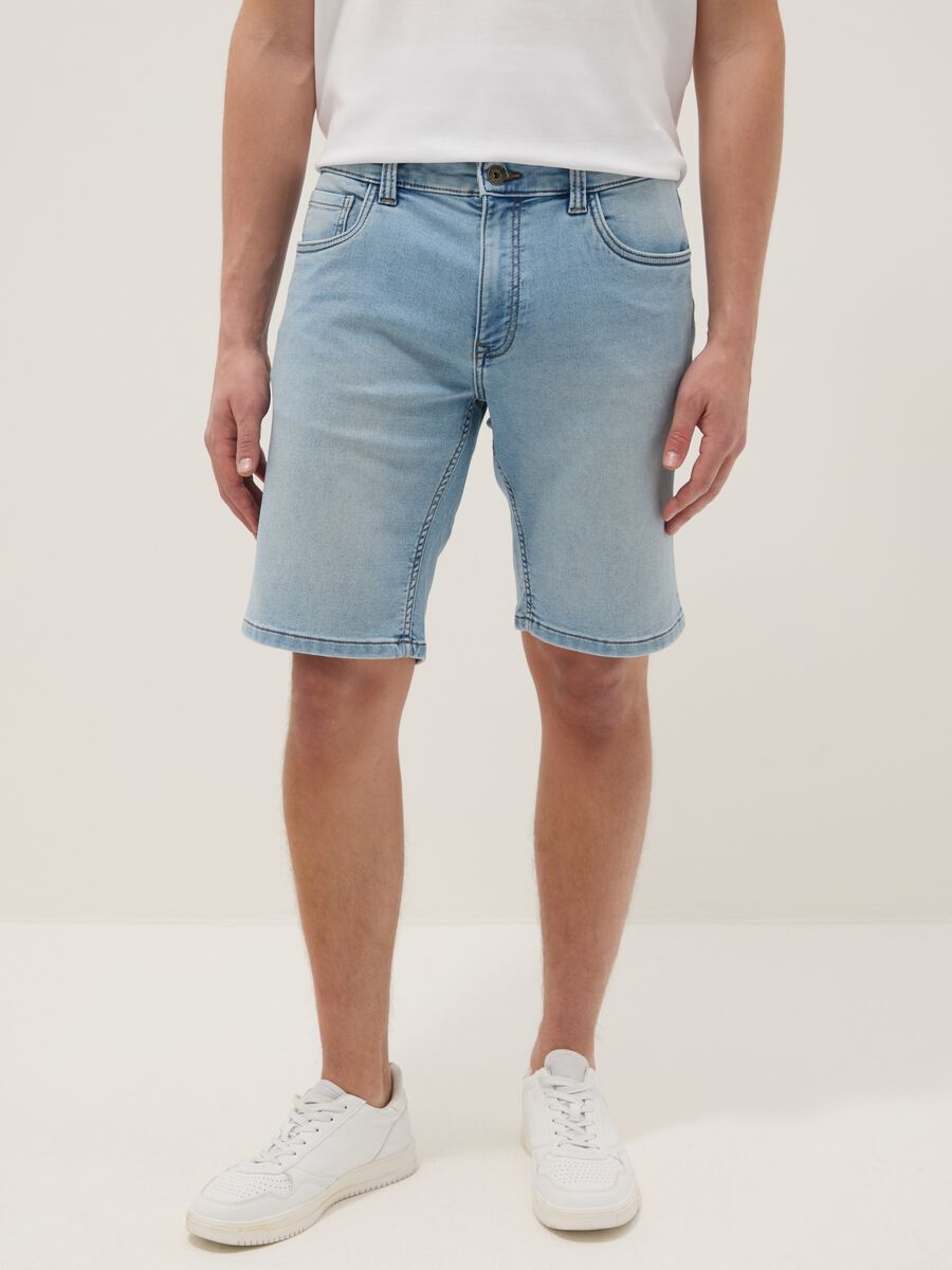 Slim Fit Light Blue Stretch Denim Cotton Blend Shorts_1