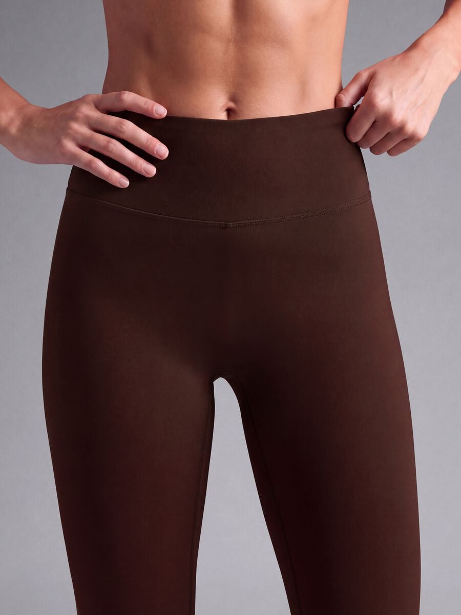 Leggings marroni in tessuto elasticizzato a vita alta_3