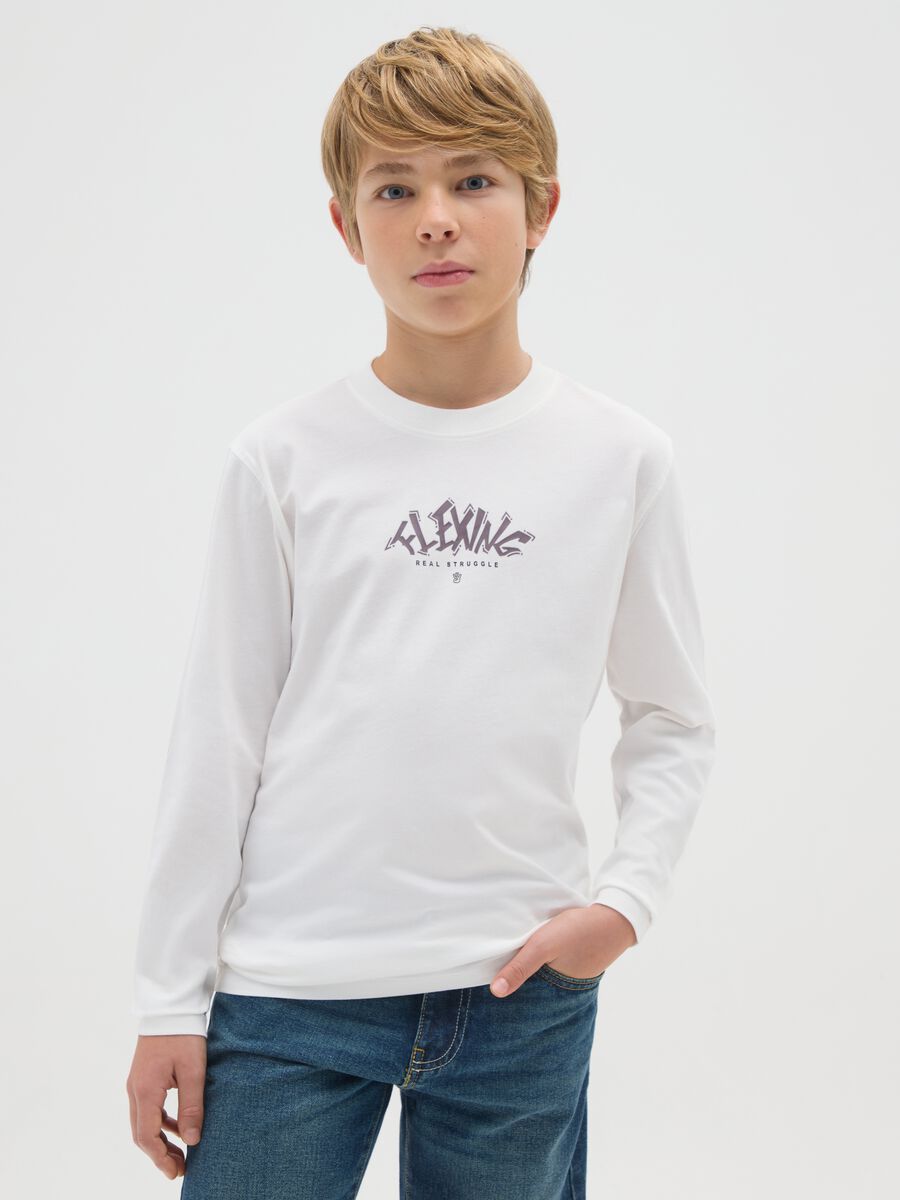 T-shirt da ragazzo in puro cotone bianca oversize_0