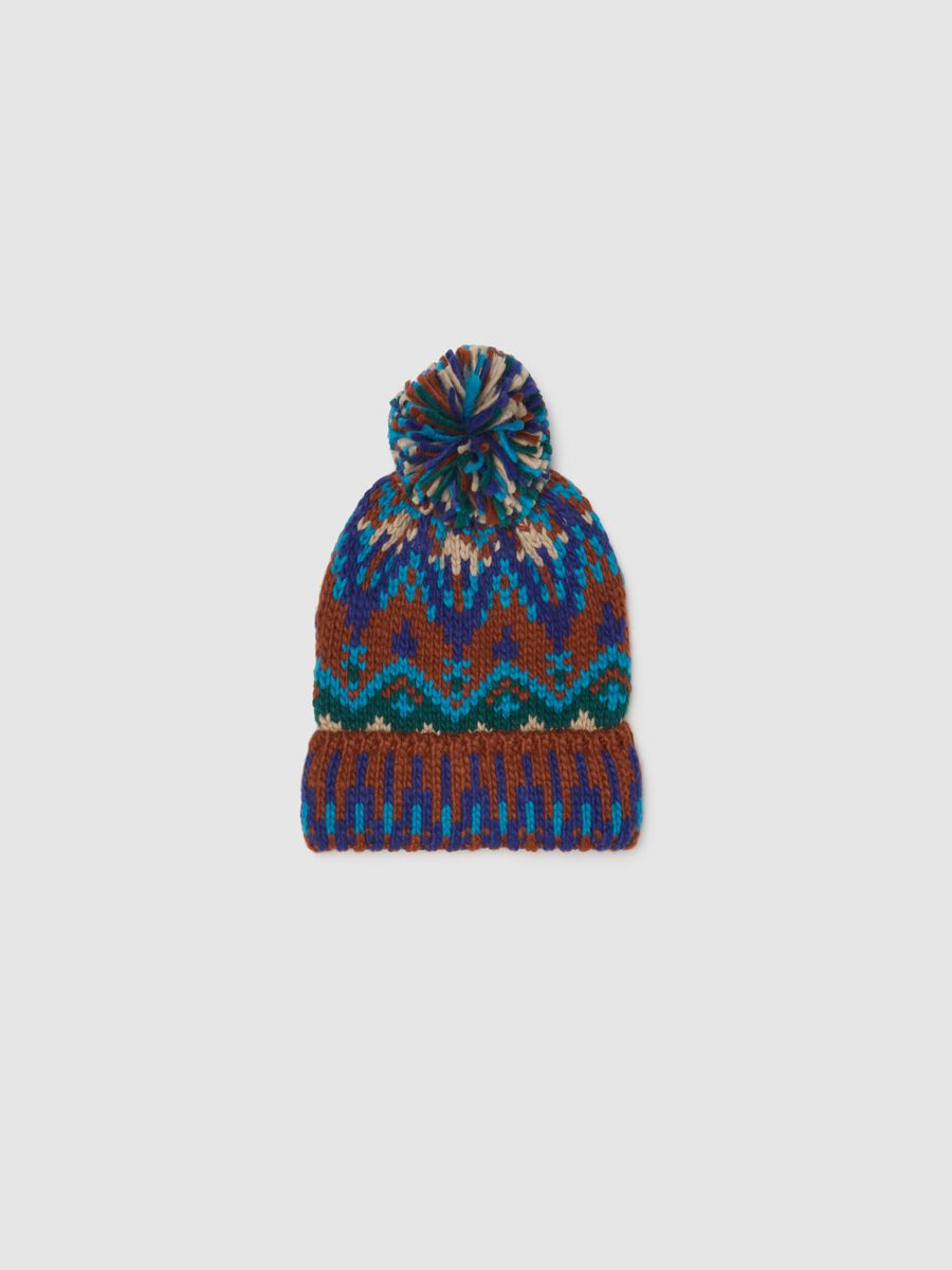 Cappello multicolor in jersey lavorato a maglia con pon pon_0