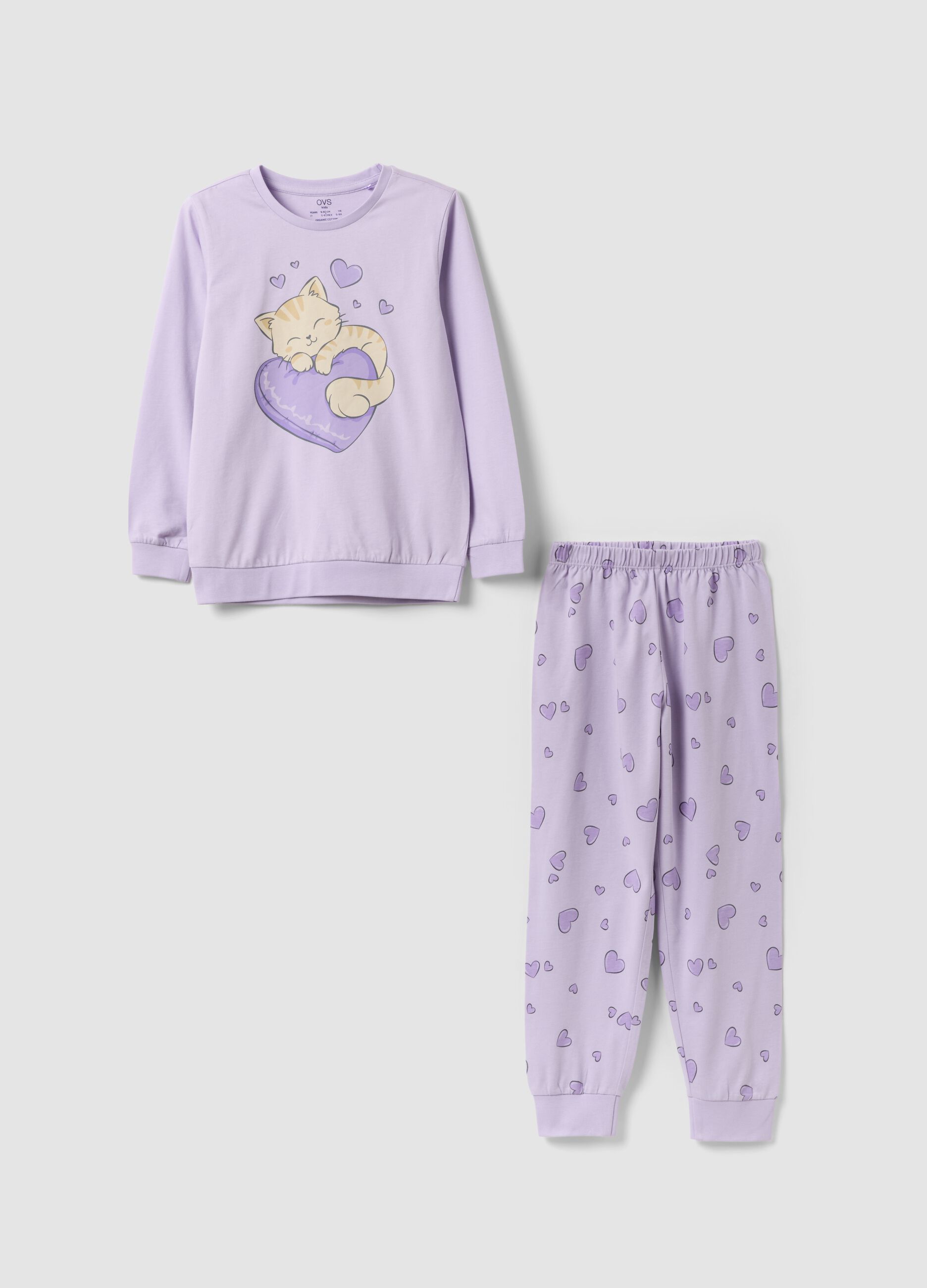 Purple pure organic cotton heart-print pyjamas for girls