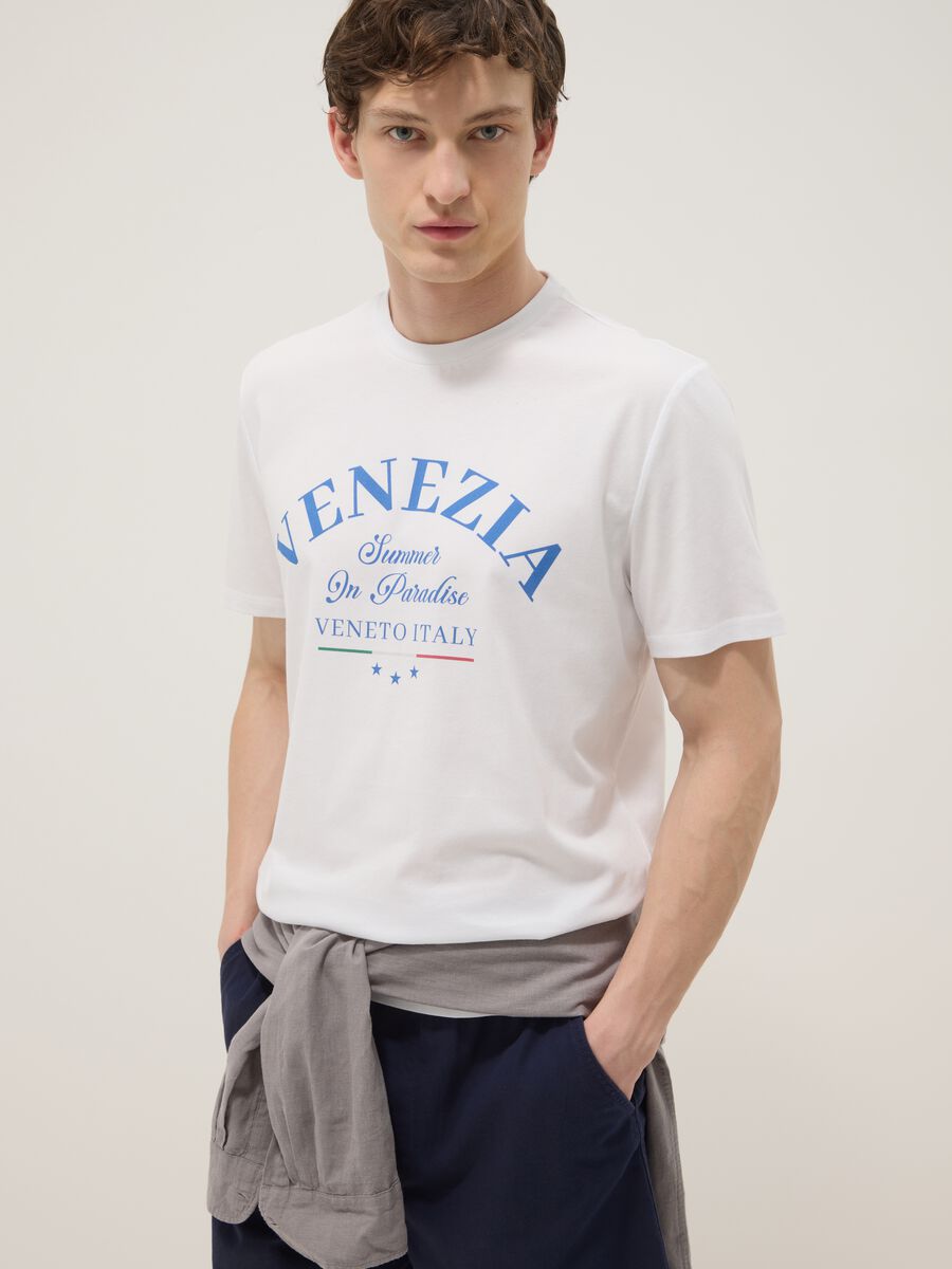 White pure cotton T-shirt with front print, regular fit_0