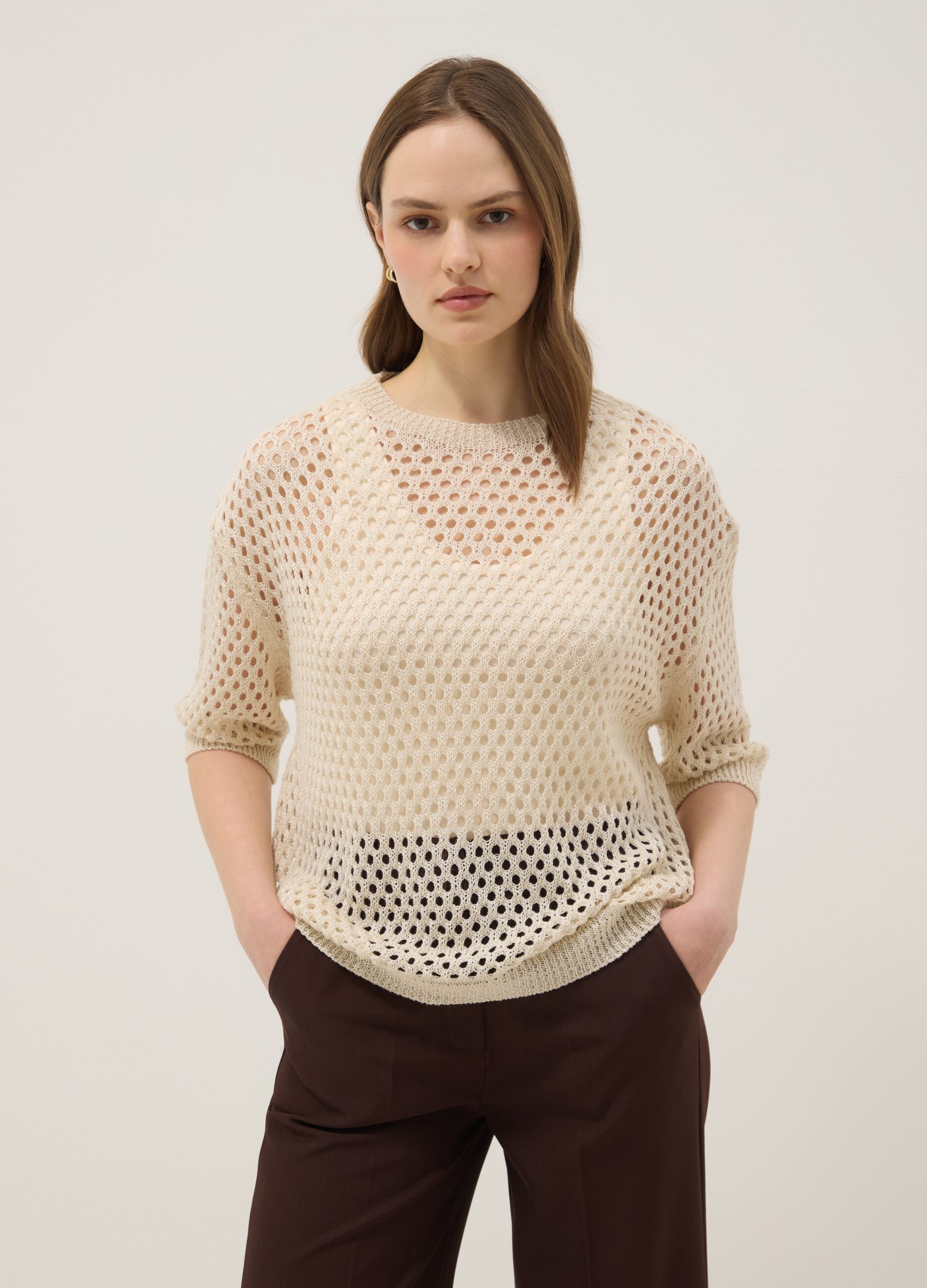 Beige open-knit three-quarter sleeve jumper