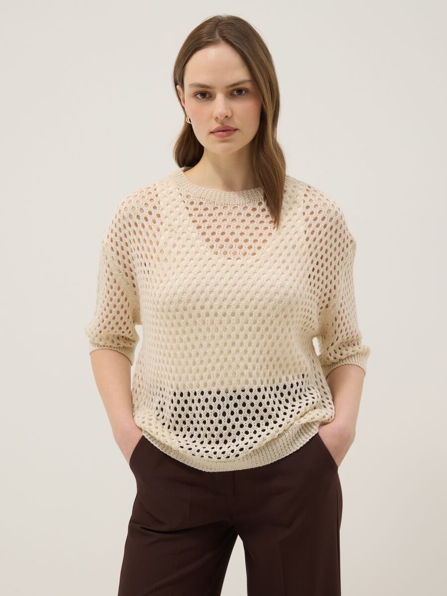 Beige open-knit three-quarter sleeve jumper_1
