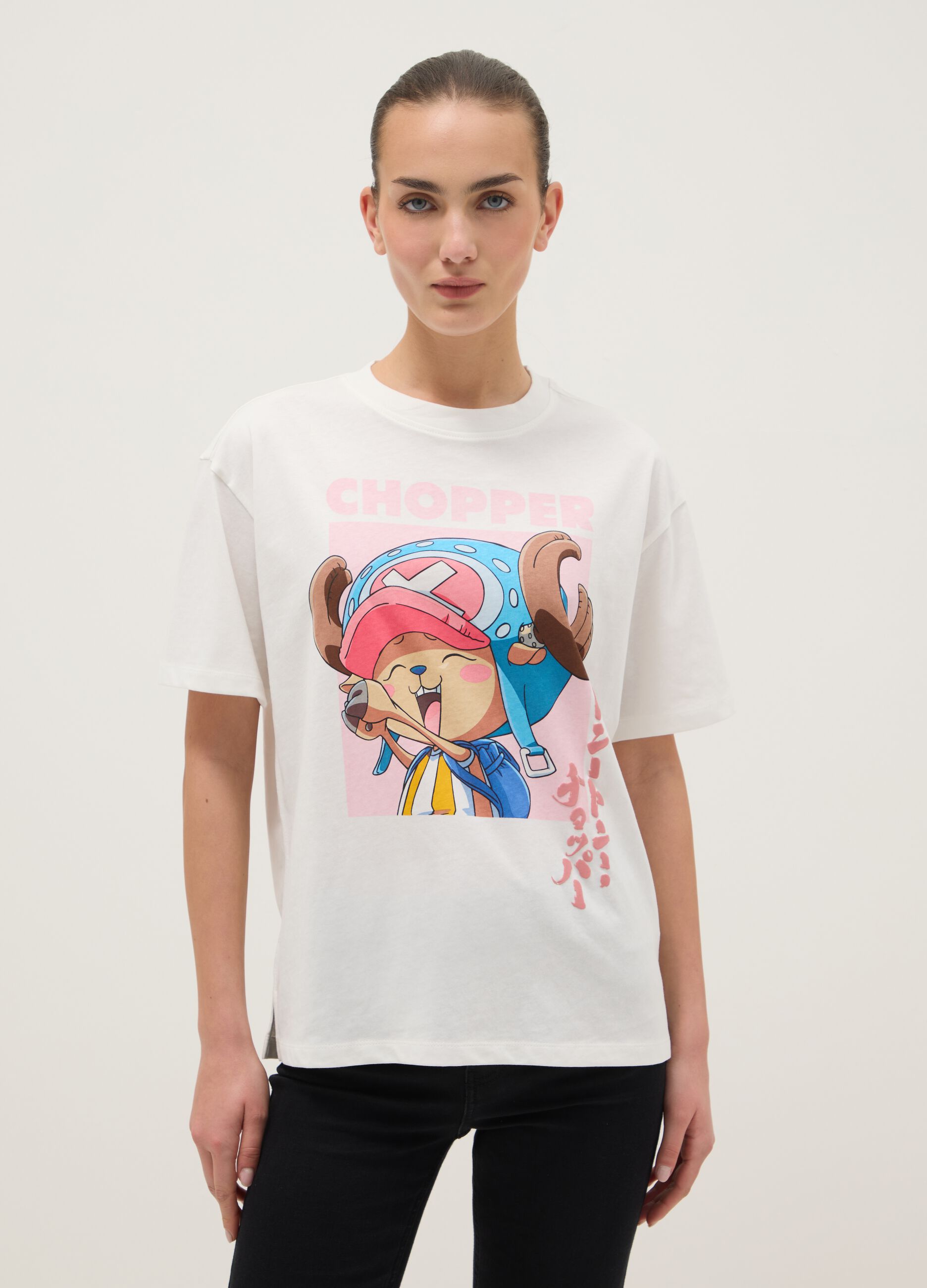 White pure cotton regular fit t-shirt with One Piece print