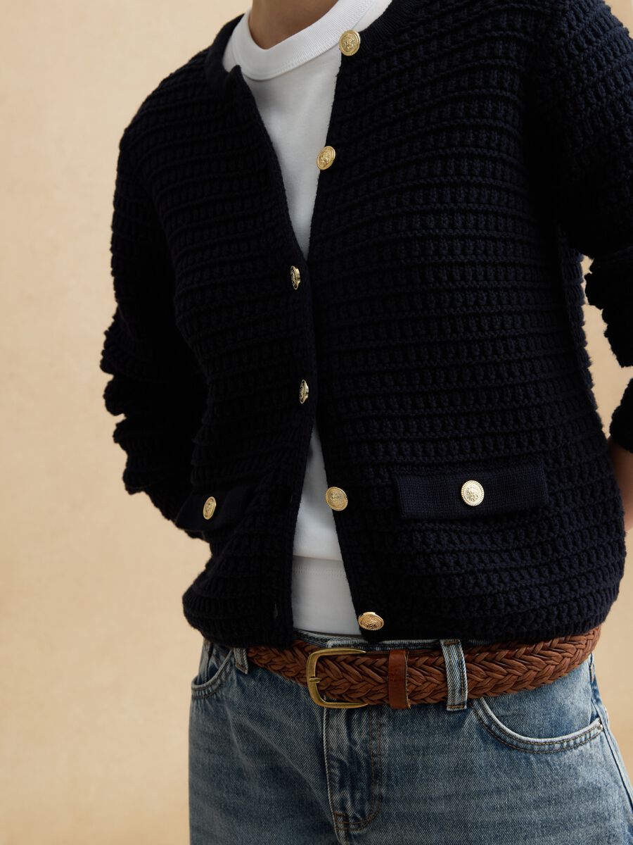 Blue pure cotton regular fit cardigan with gold buttons_3