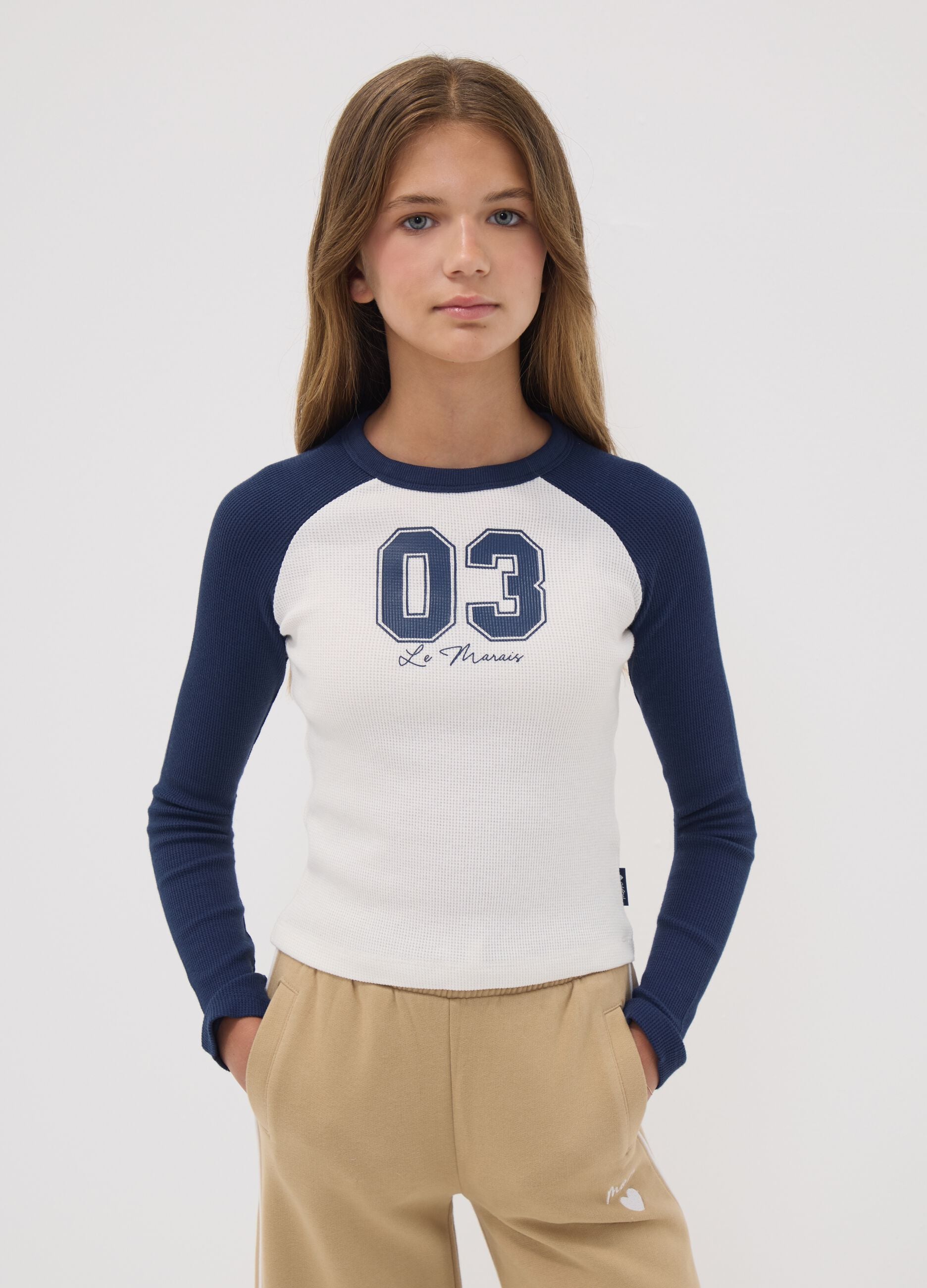 Blue stretch cotton T-shirt with contrast sleeves for girls