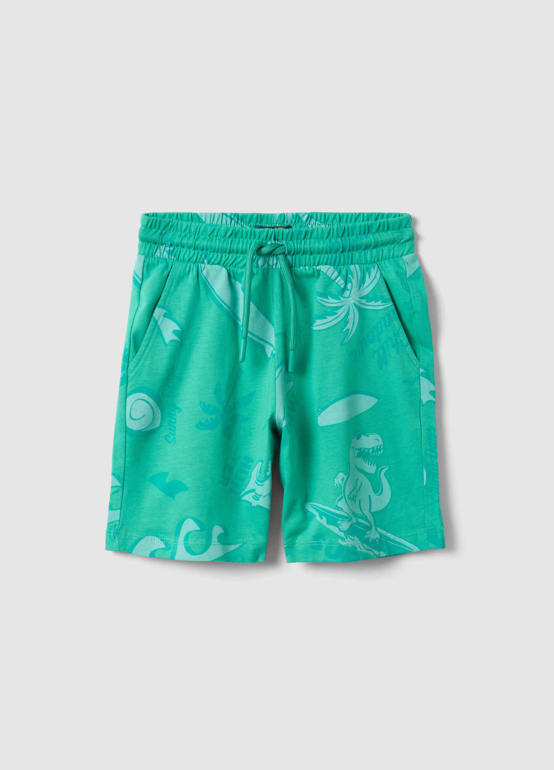 Green pure cotton shorts with all-over print
