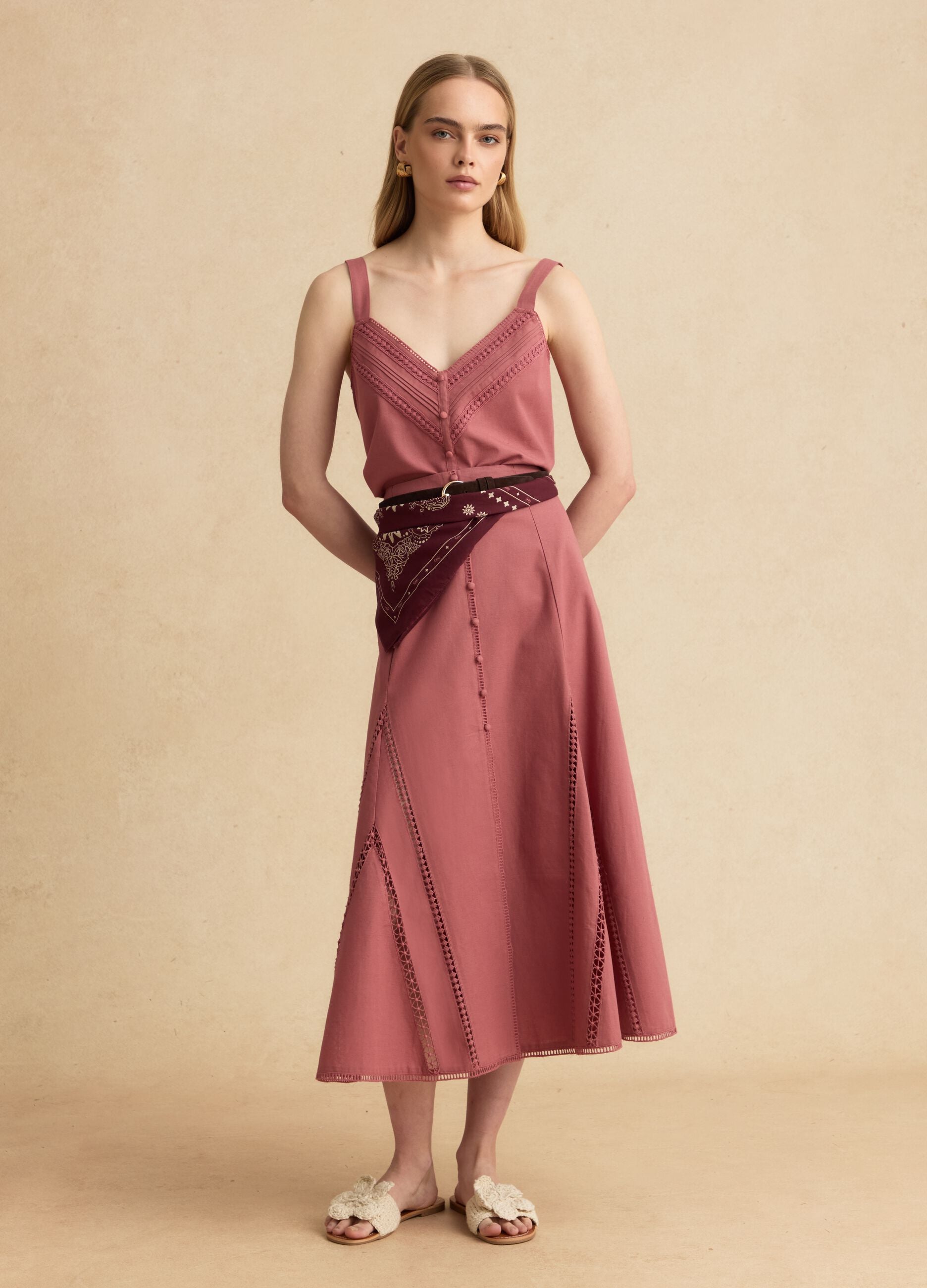 Pink cotton-linen blend skirt with openwork detailing