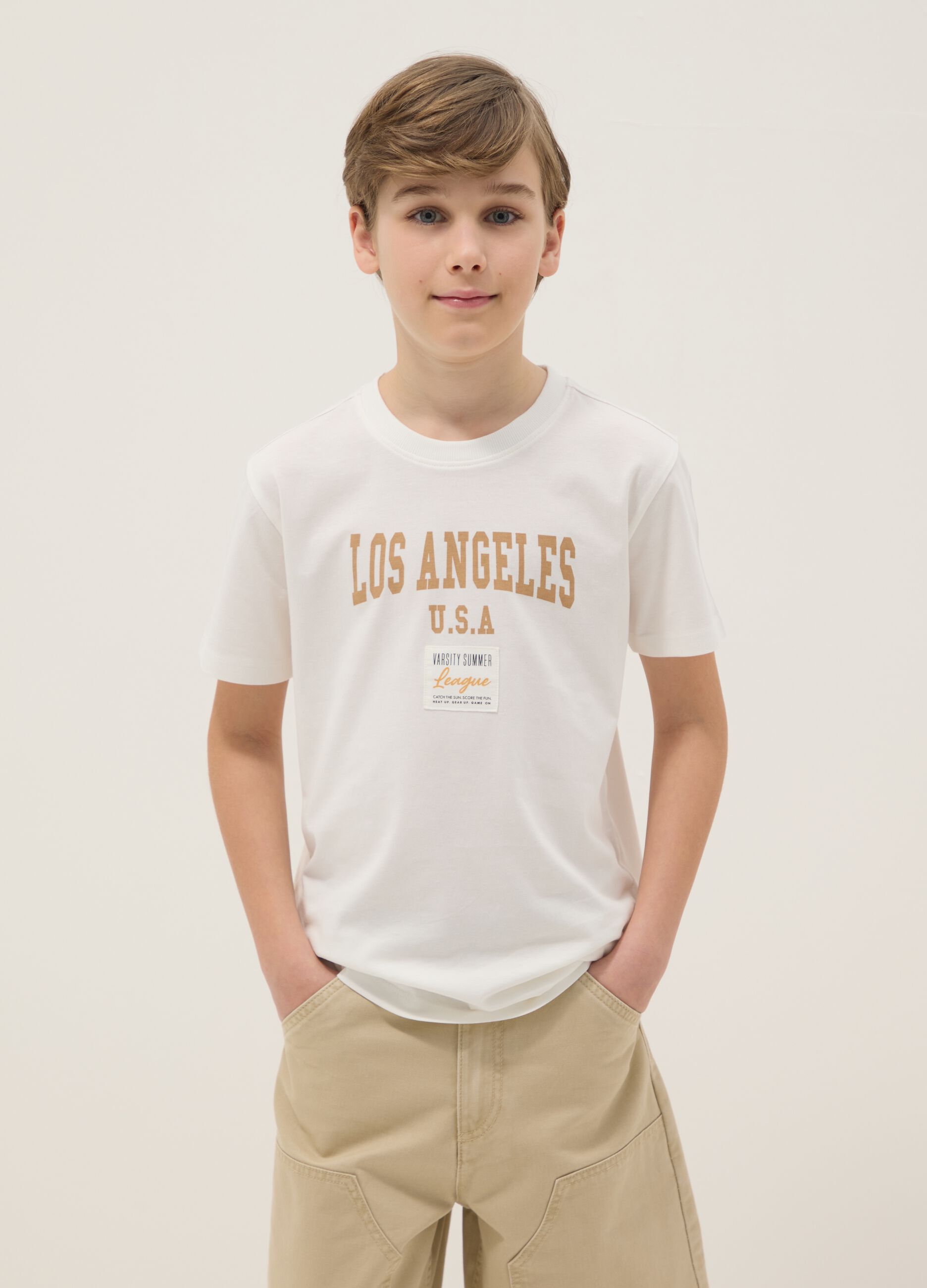 T-shirt in puro cotone bianca da ragazzo regular fit con stampa