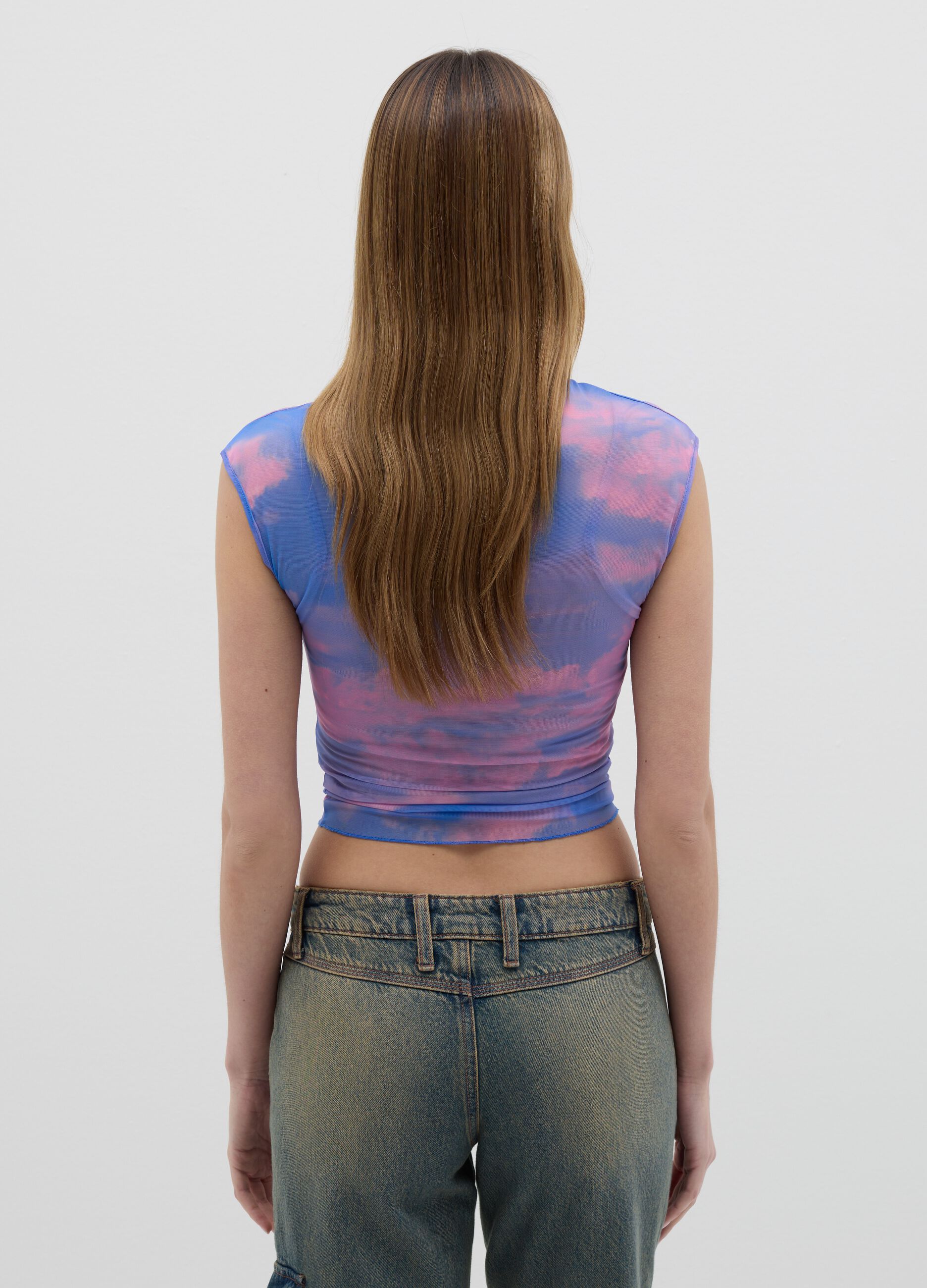 Light blue and pink tank top in mesh with print