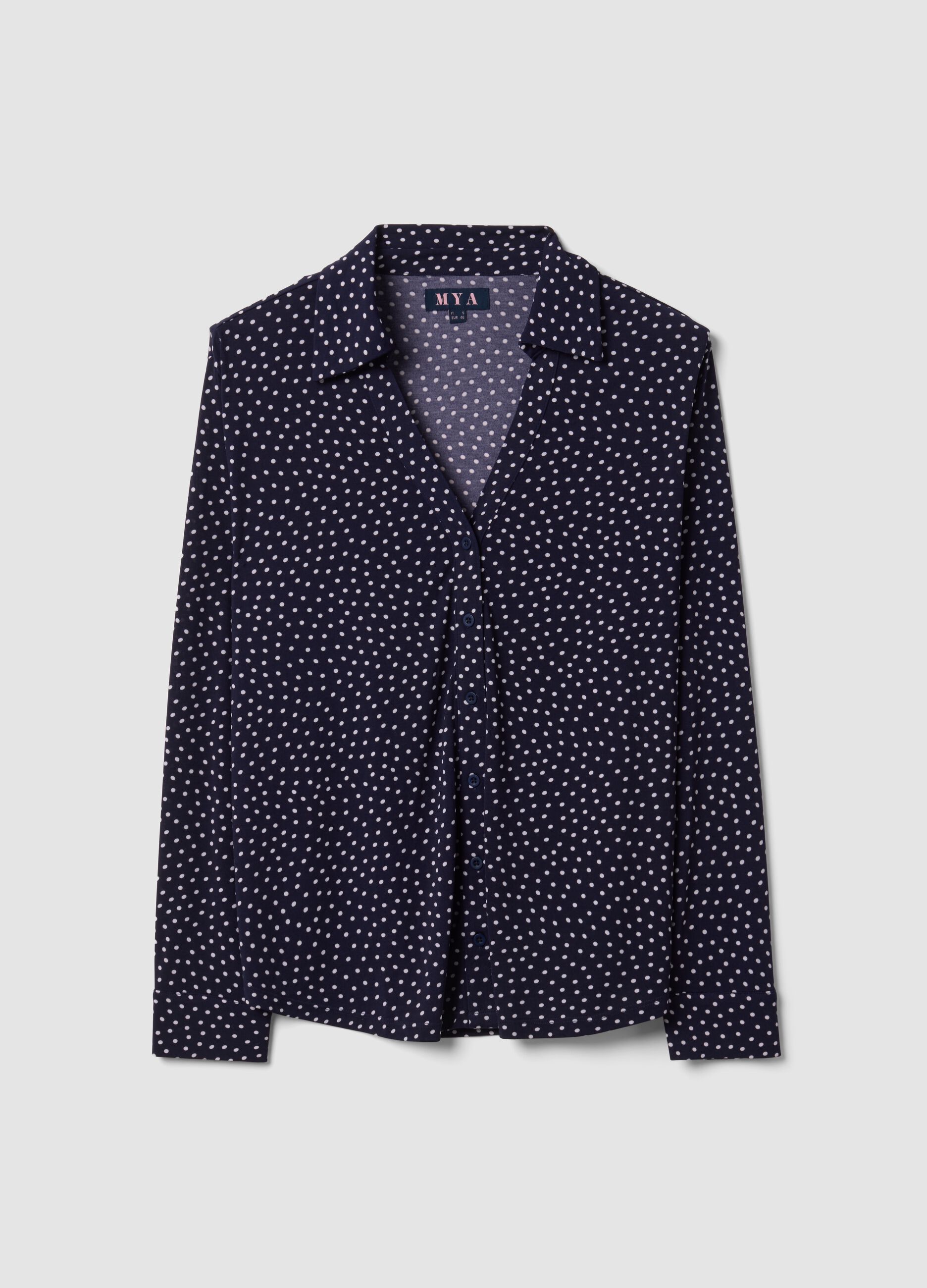 Blue stretch-fabric T-shirt with polka-dot collar, regular fit
