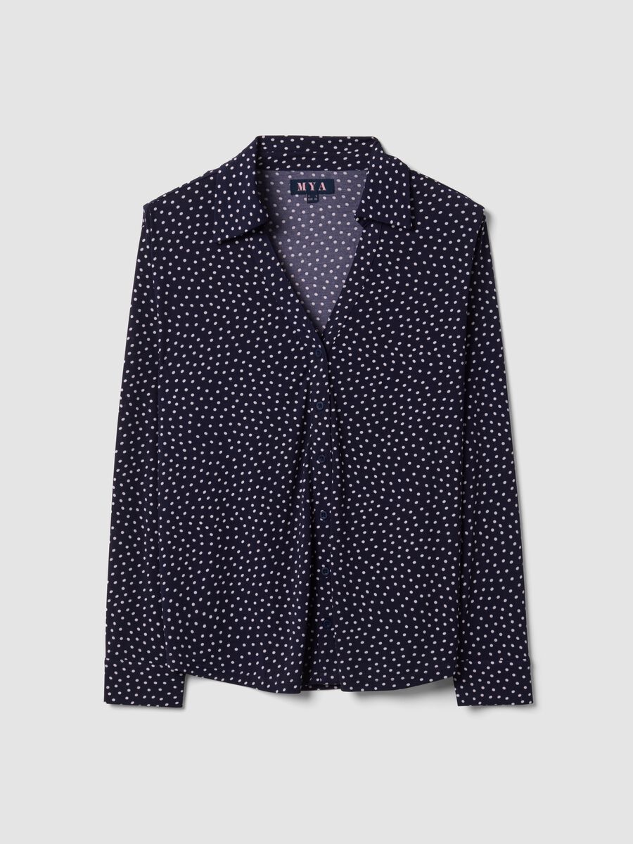 T-shirt blu in tessuto elasticizzato con colletto a pois regular fit_0